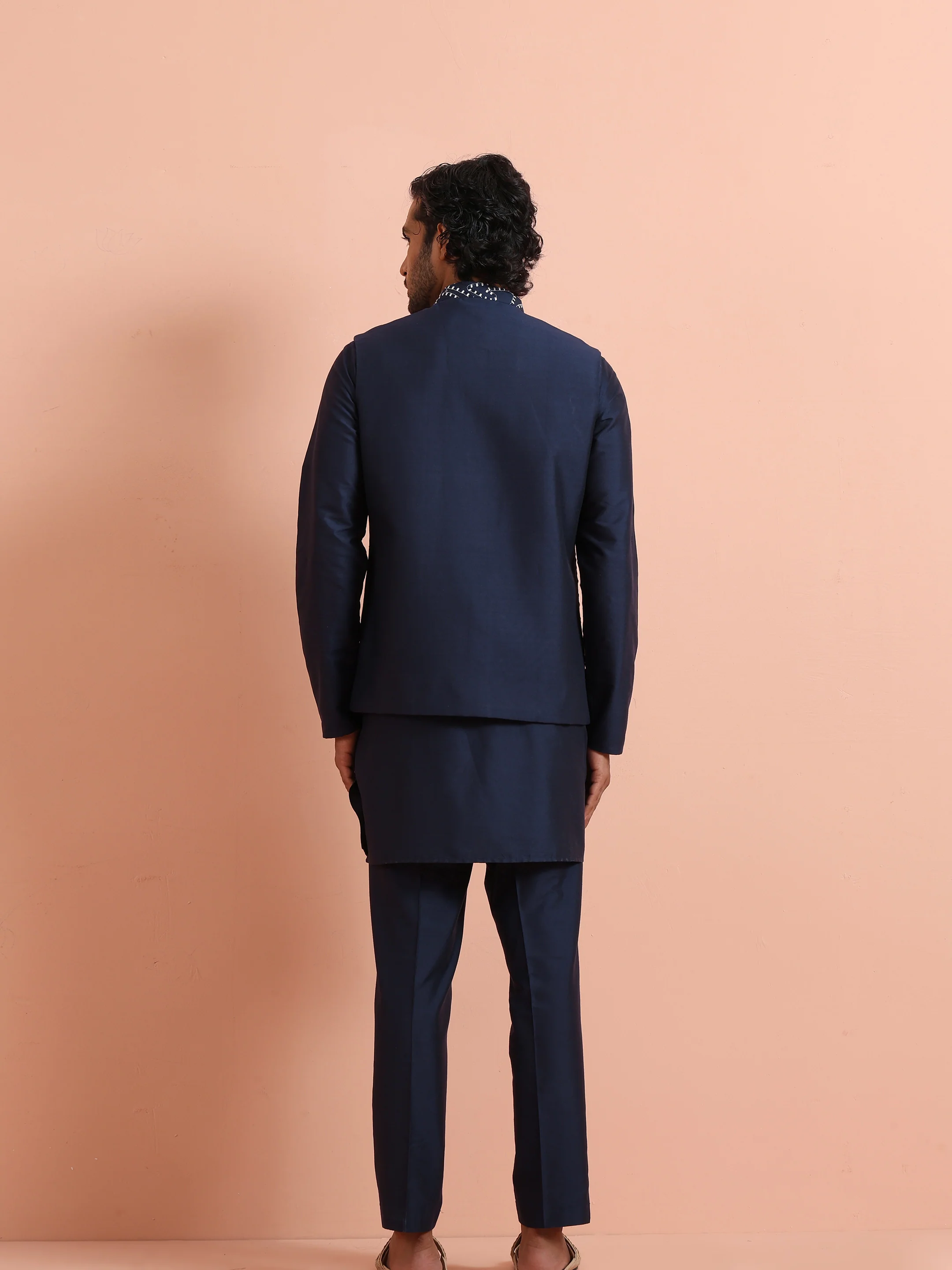 Blue Embroidered Mirror Work Mid Kurta Jacket Trouser Set - Image 5