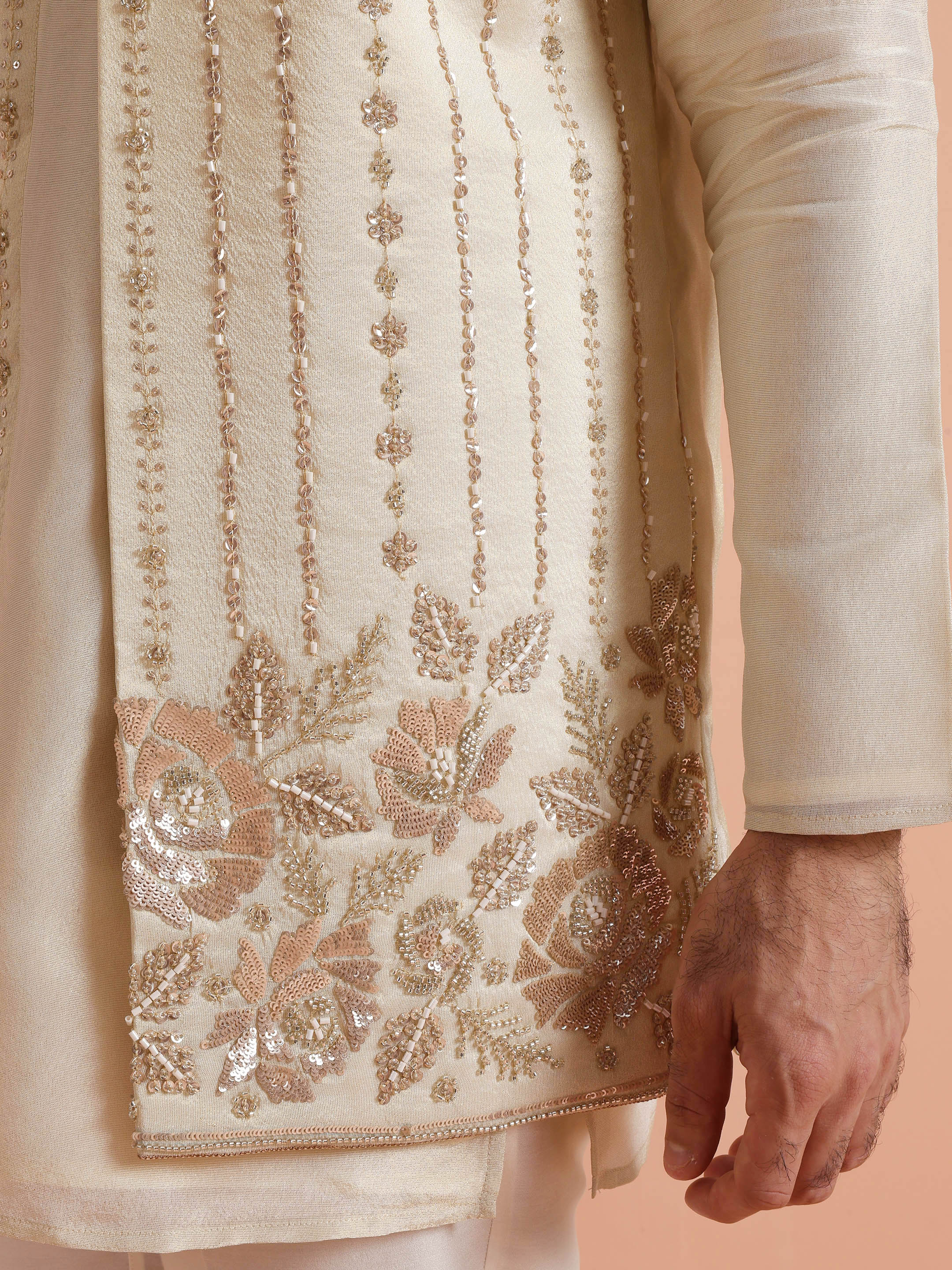 Cream Embroidered Mid Kurta Jacket Set - Image 6