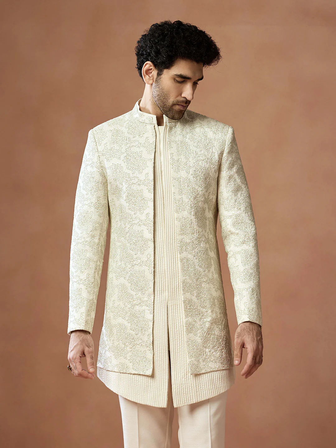 Cream Embroidered Short Sherwani Set - Image 2