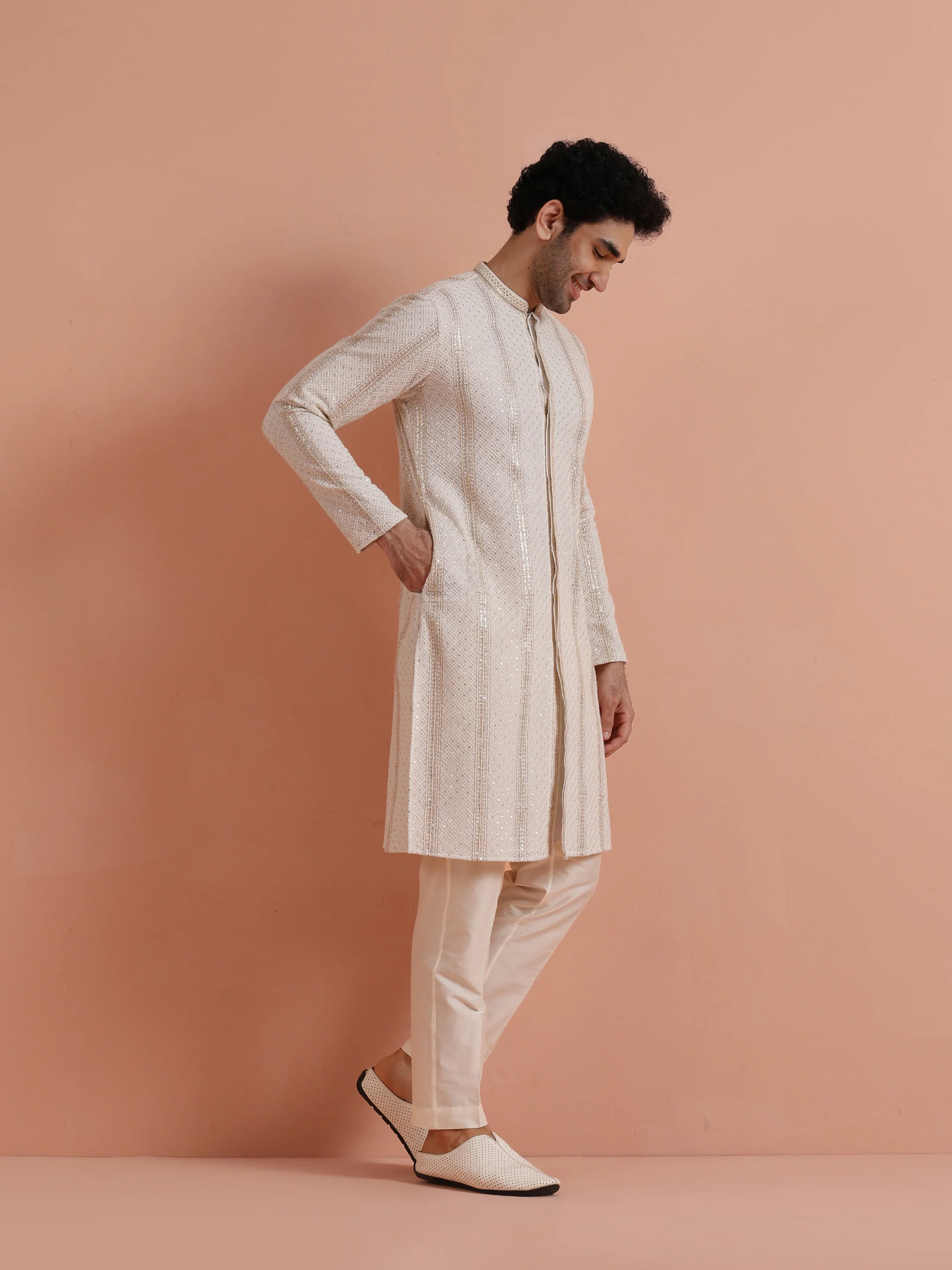 Cream Georgette Embroidered Front Open Kurta Trouser Set - Image 2