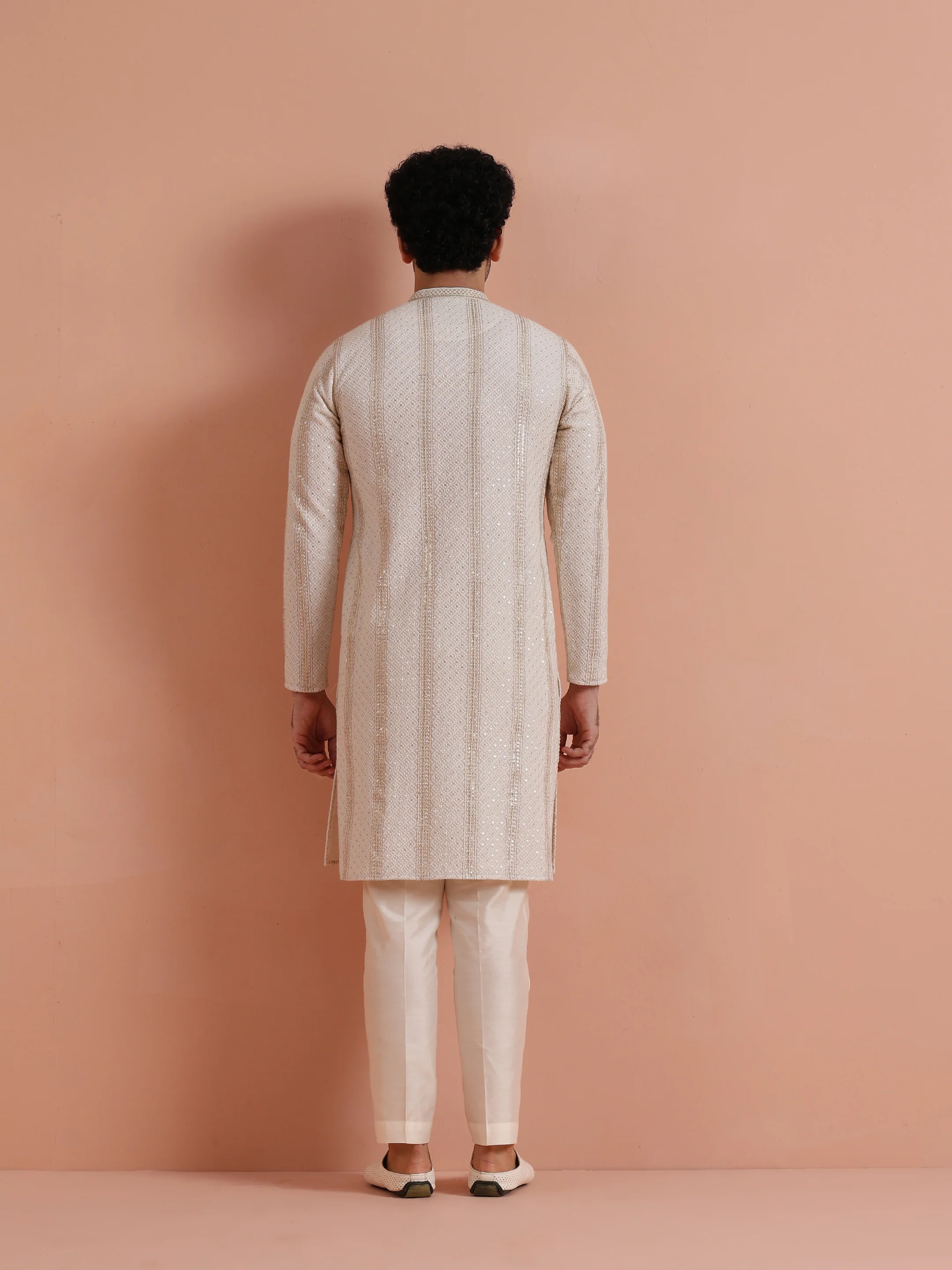 Cream Georgette Embroidered Front Open Kurta Trouser Set - Image 4