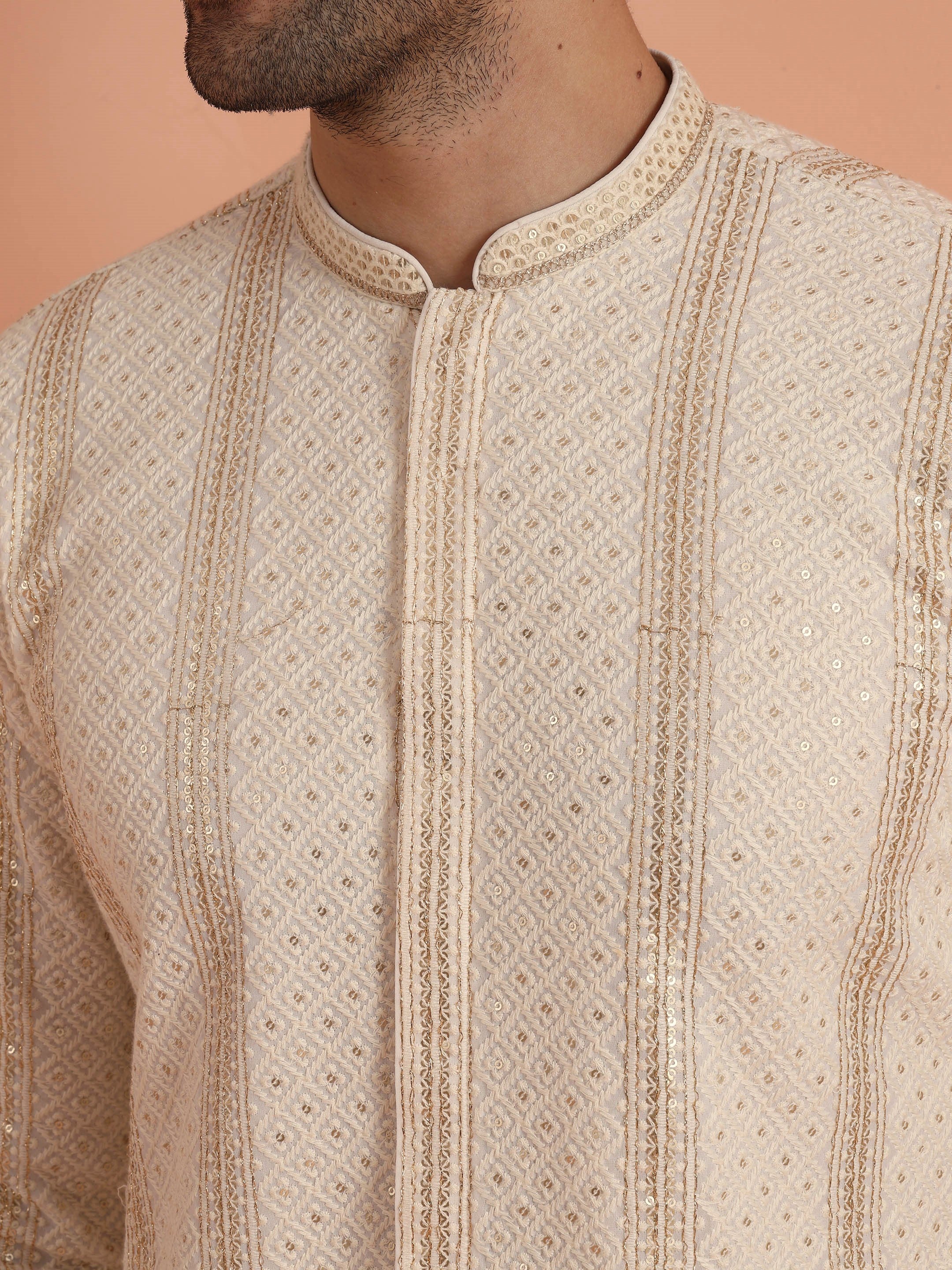 Cream Georgette Embroidered Front Open Kurta Trouser Set - Image 5