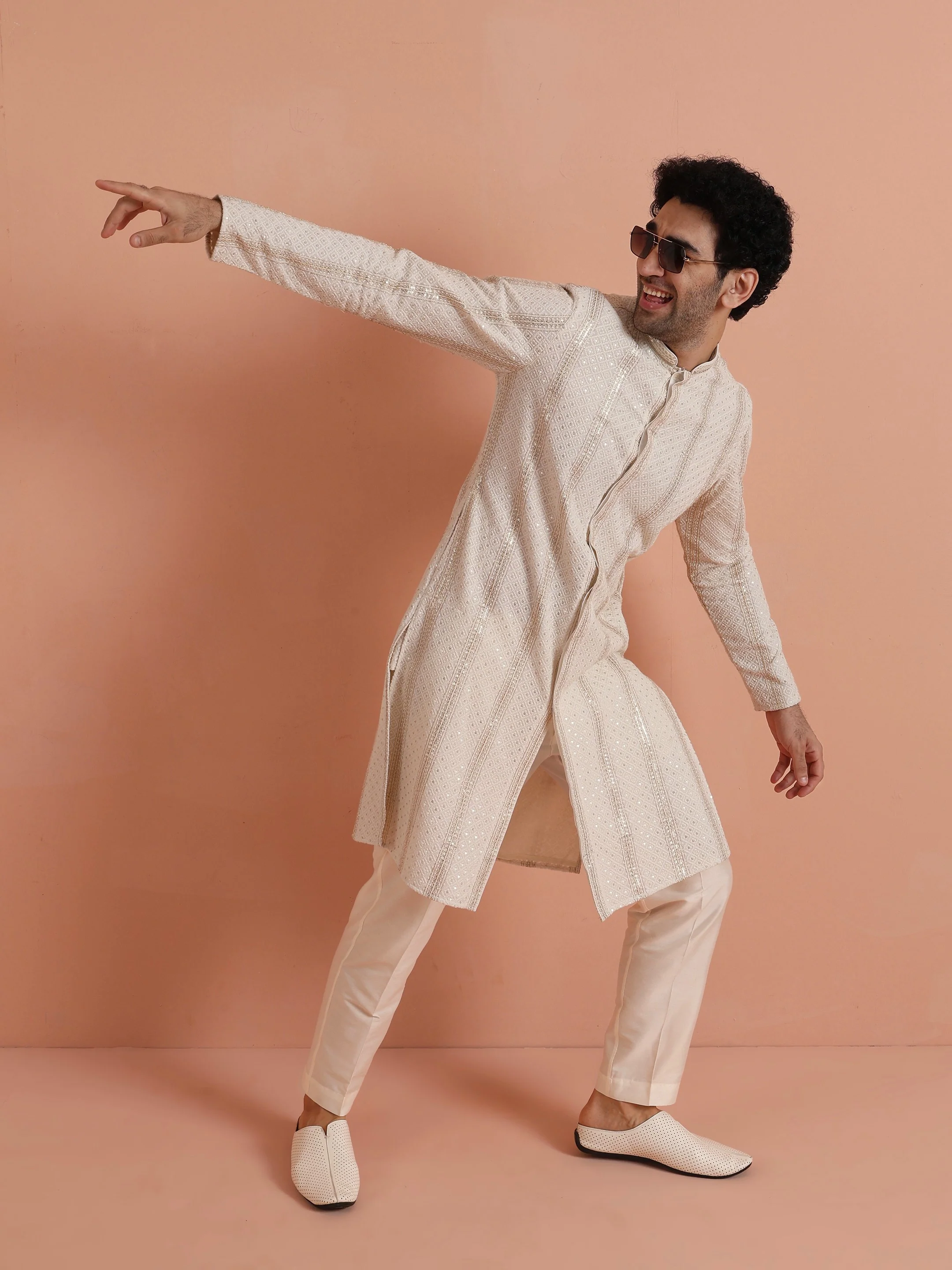 Cream Georgette Embroidered Front Open Kurta Trouser Set - Image 8