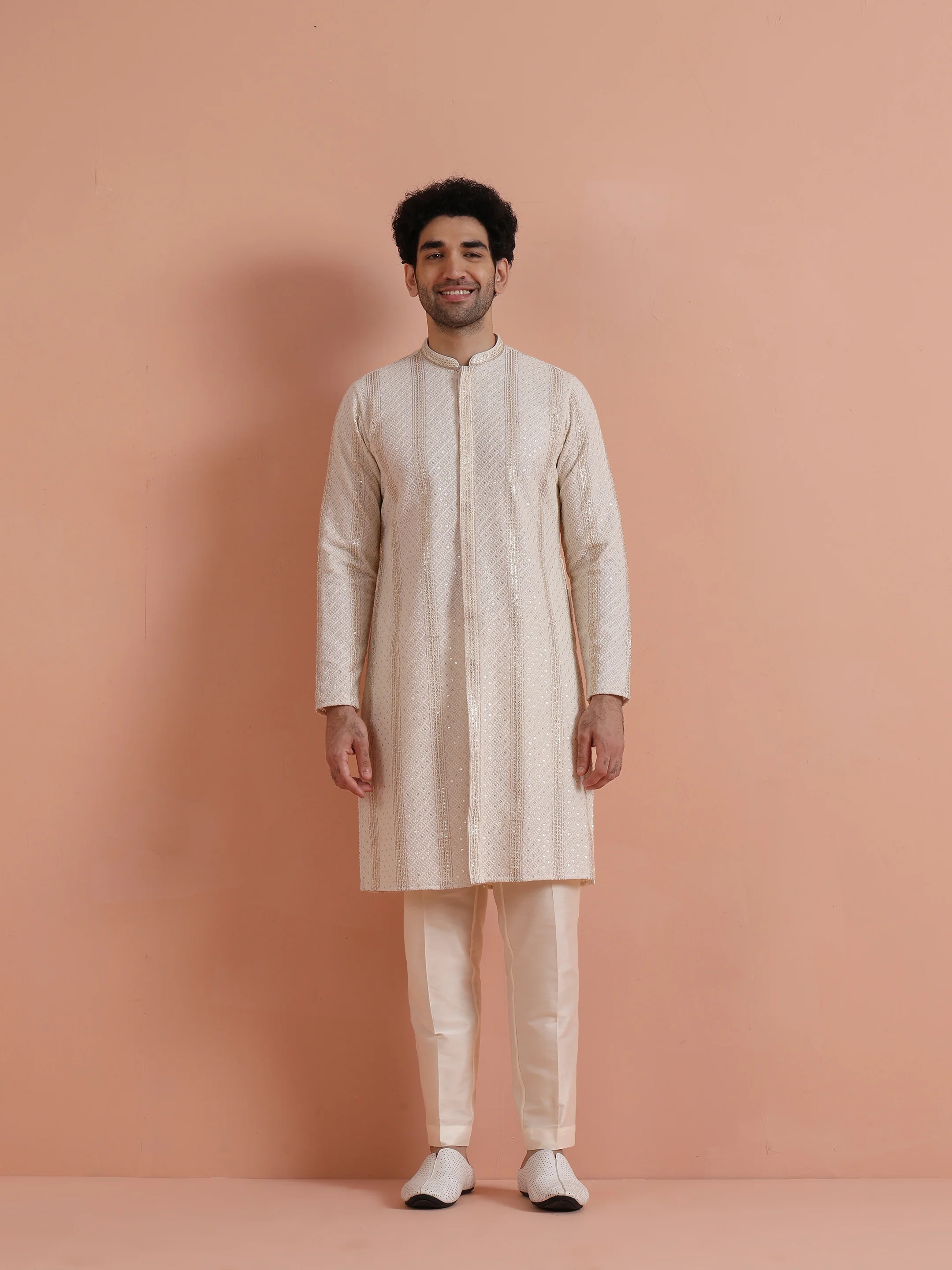 Cream Georgette Sequin Long Kurta - Image 6