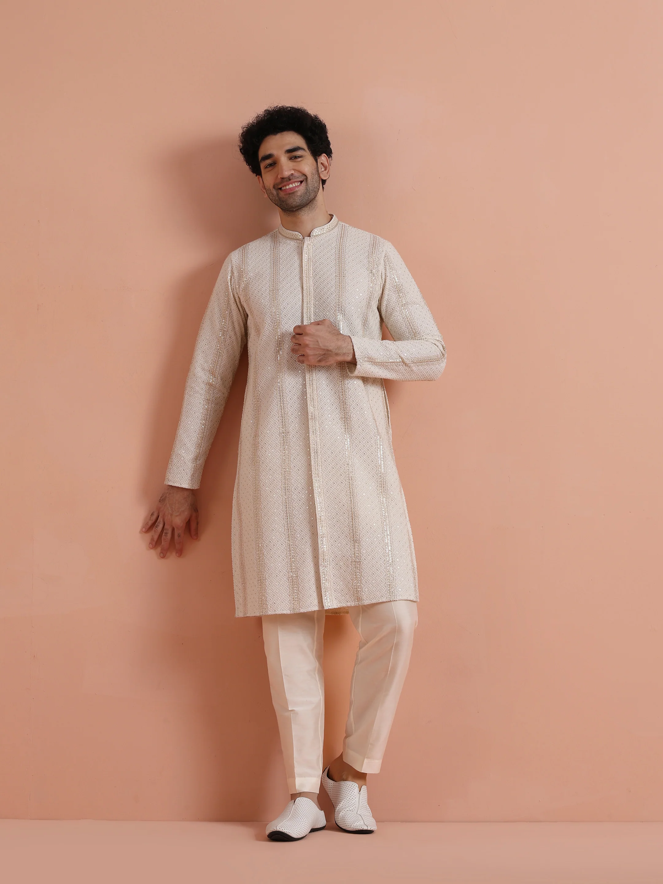 Cream Georgette Sequin Long Kurta - Image 8