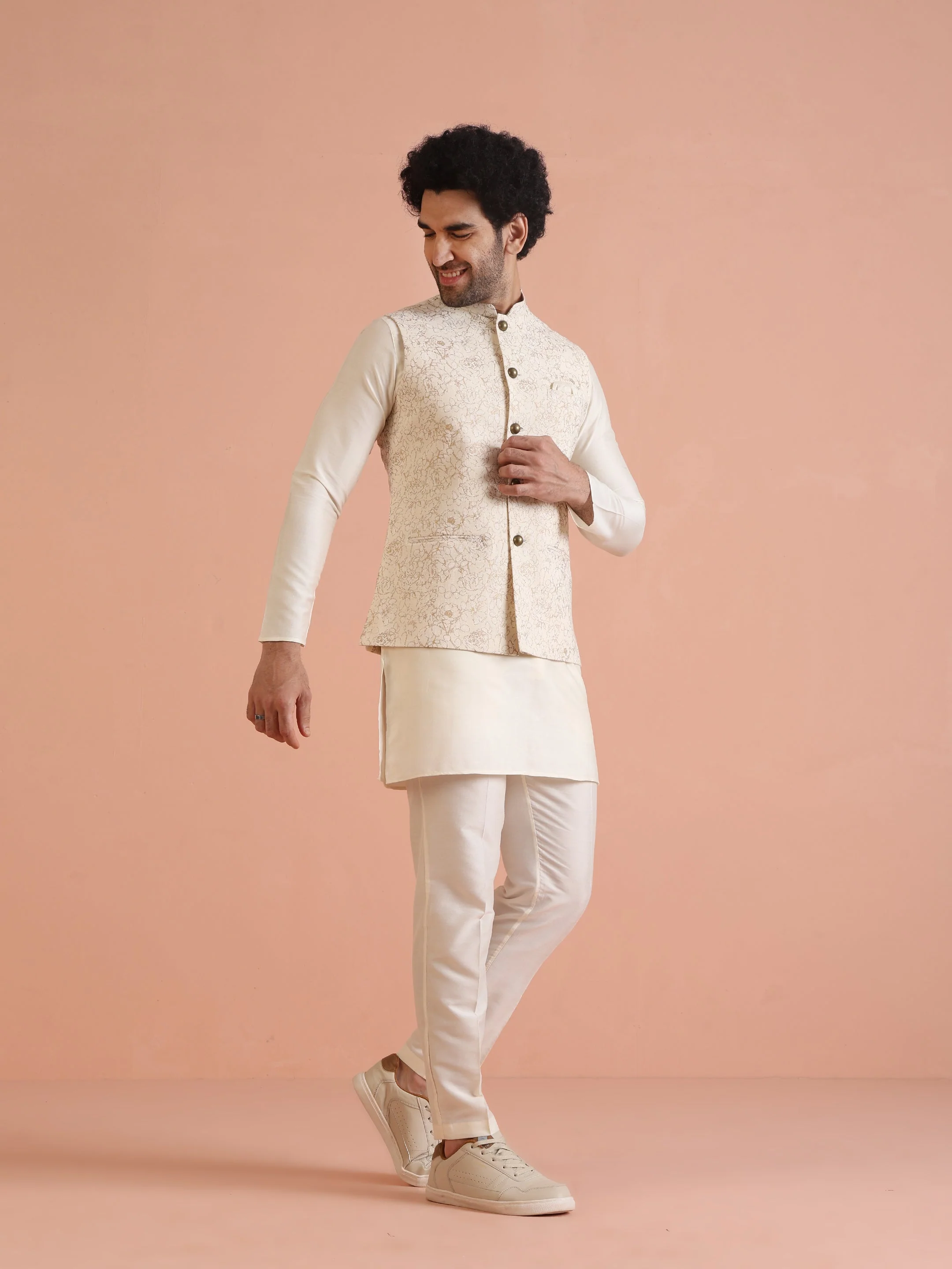Cream Golden Floral Nehru Jacket - Image 3