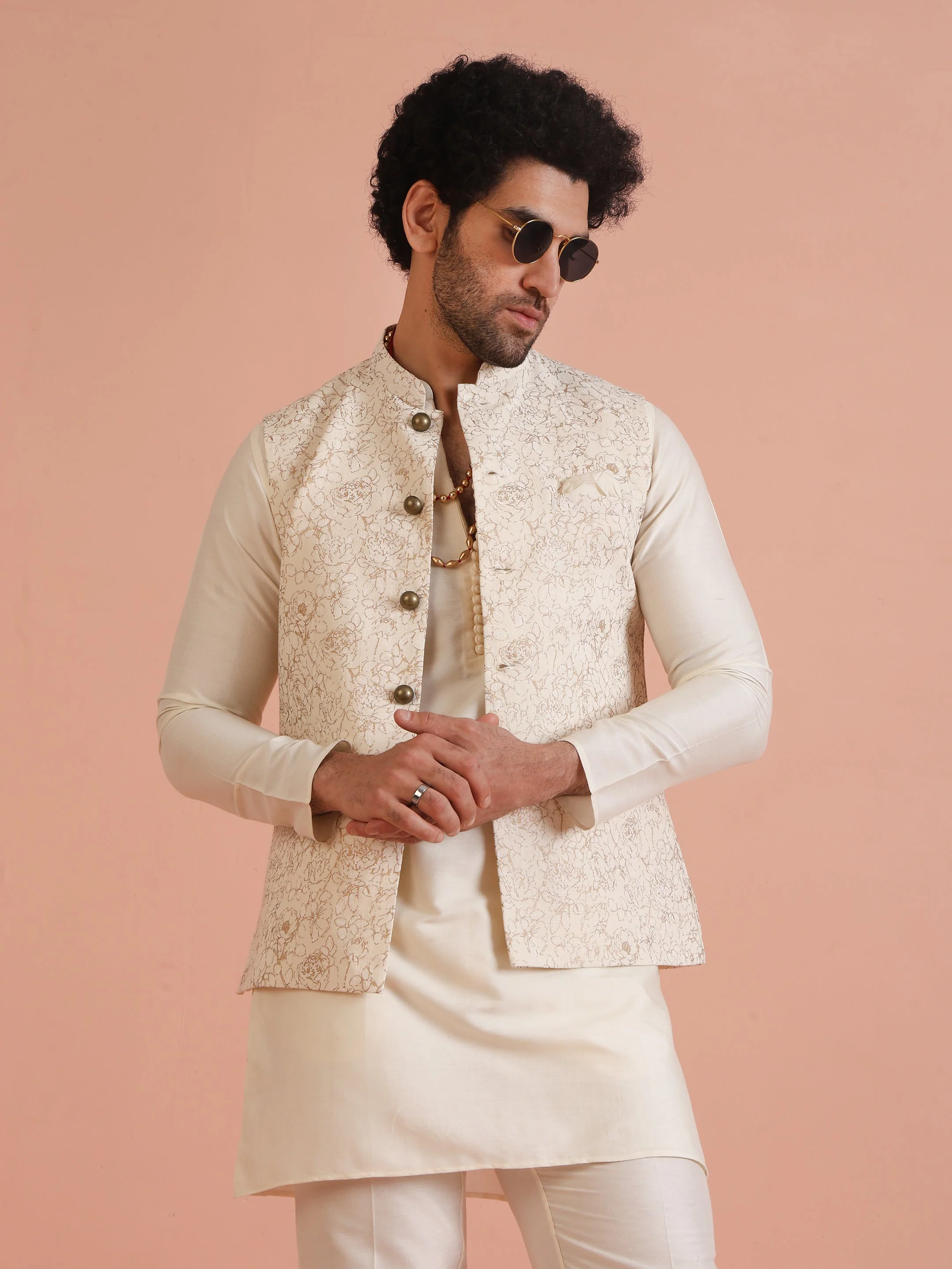 Cream Golden Floral Nehru Jacket - Image 8