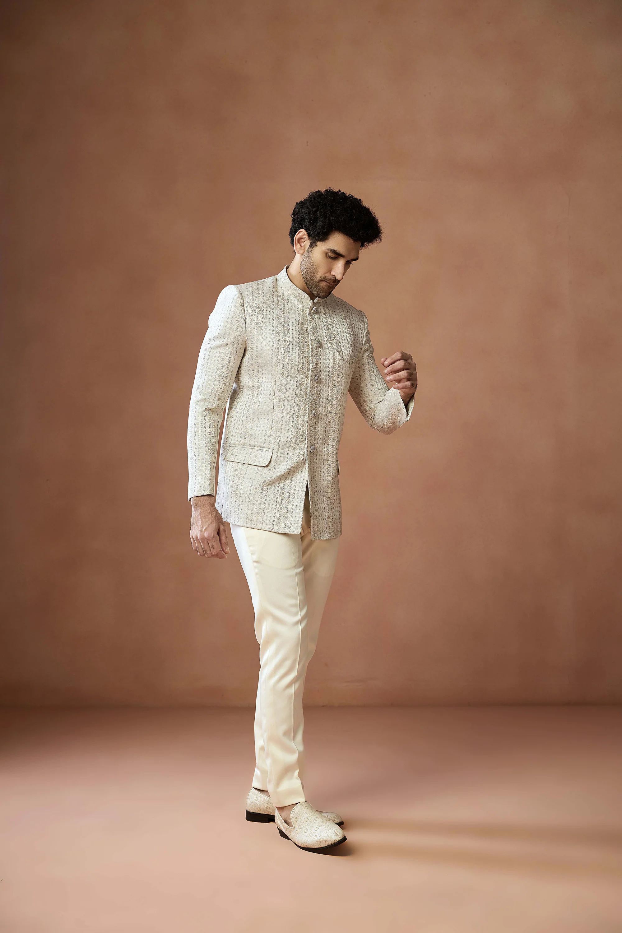 Cream Jacquard Silk Bandhgala - Image 2