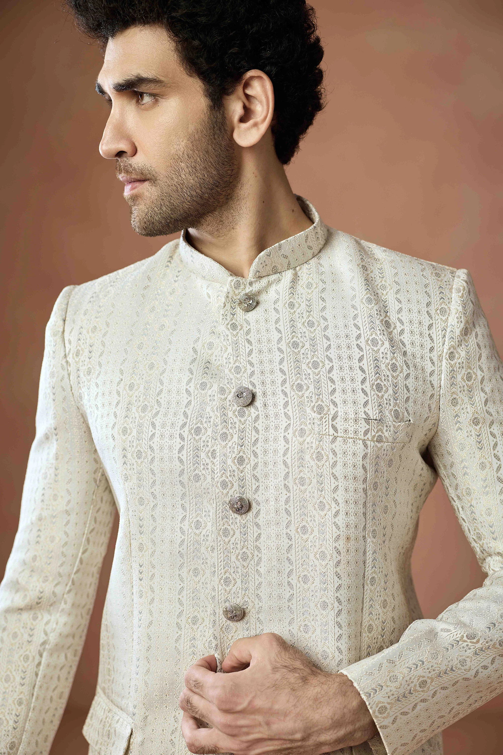 Cream Jacquard Silk Bandhgala - Image 5