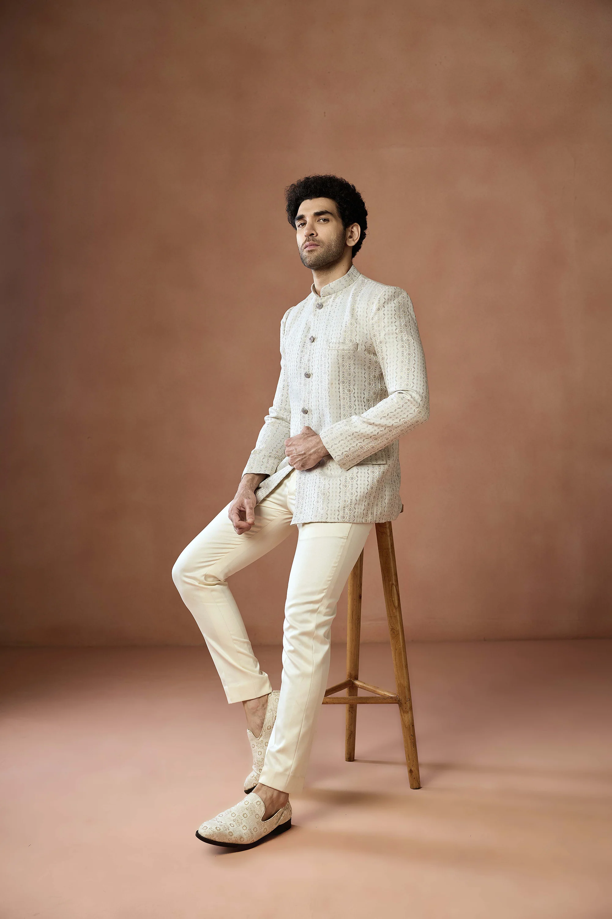 Cream Jacquard Silk Bandhgala - Image 7