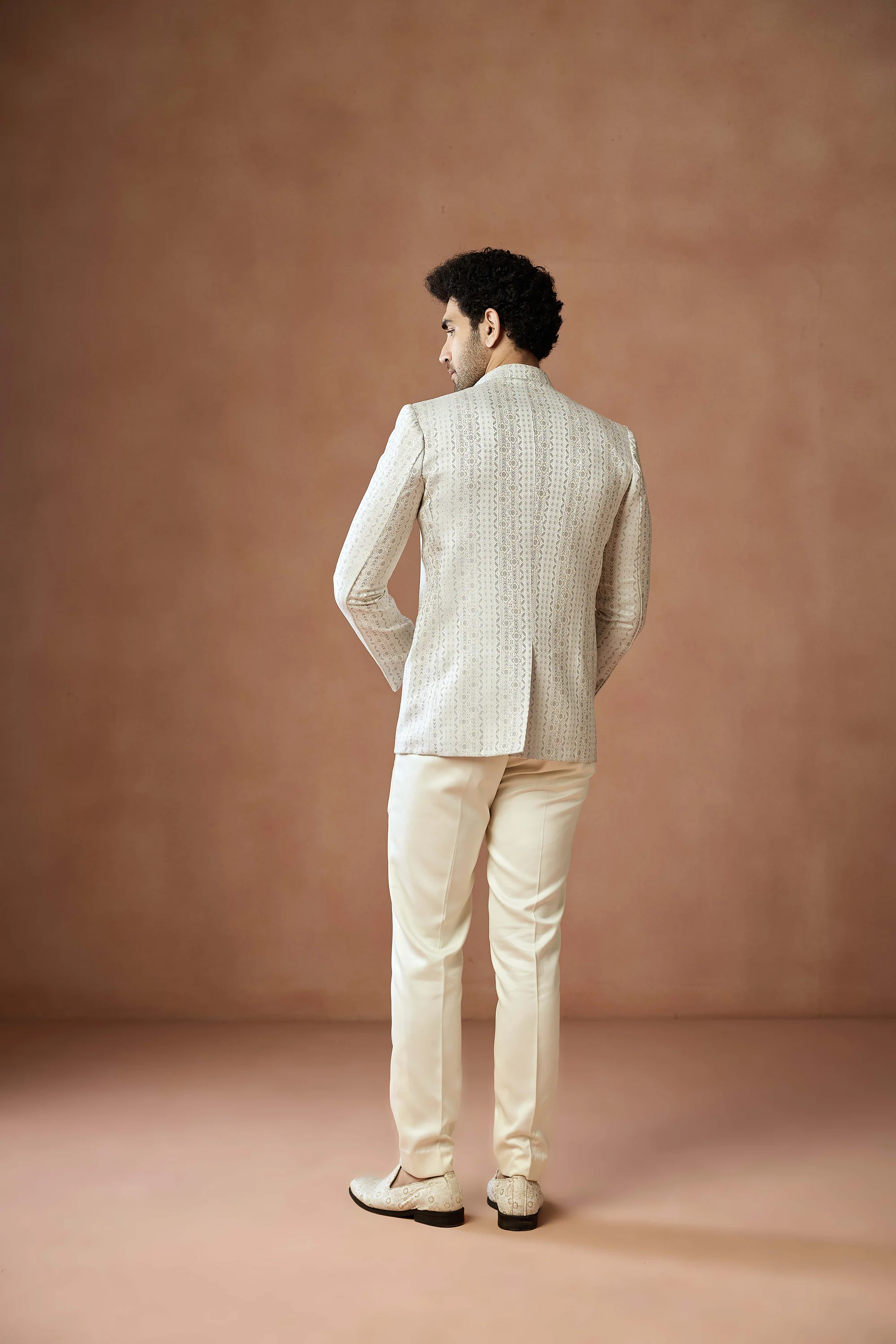 Cream Jacquard Silk Bandhgala Trouser Set - Image 3