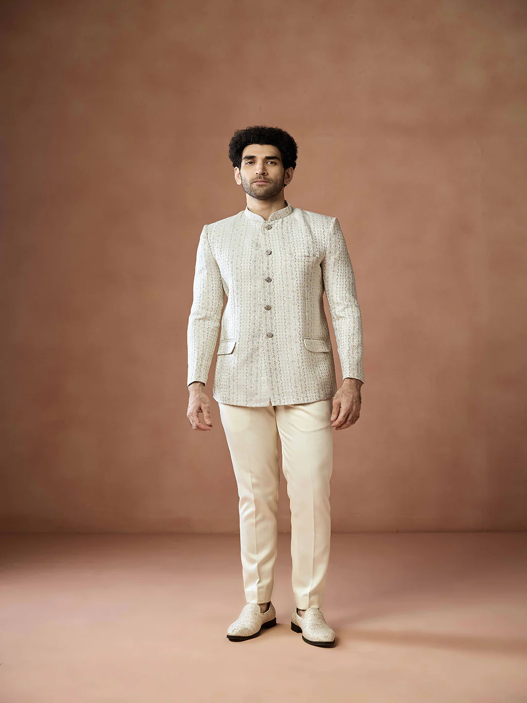Cream Jacquard Silk Bandhgala Trouser Set - Image 4