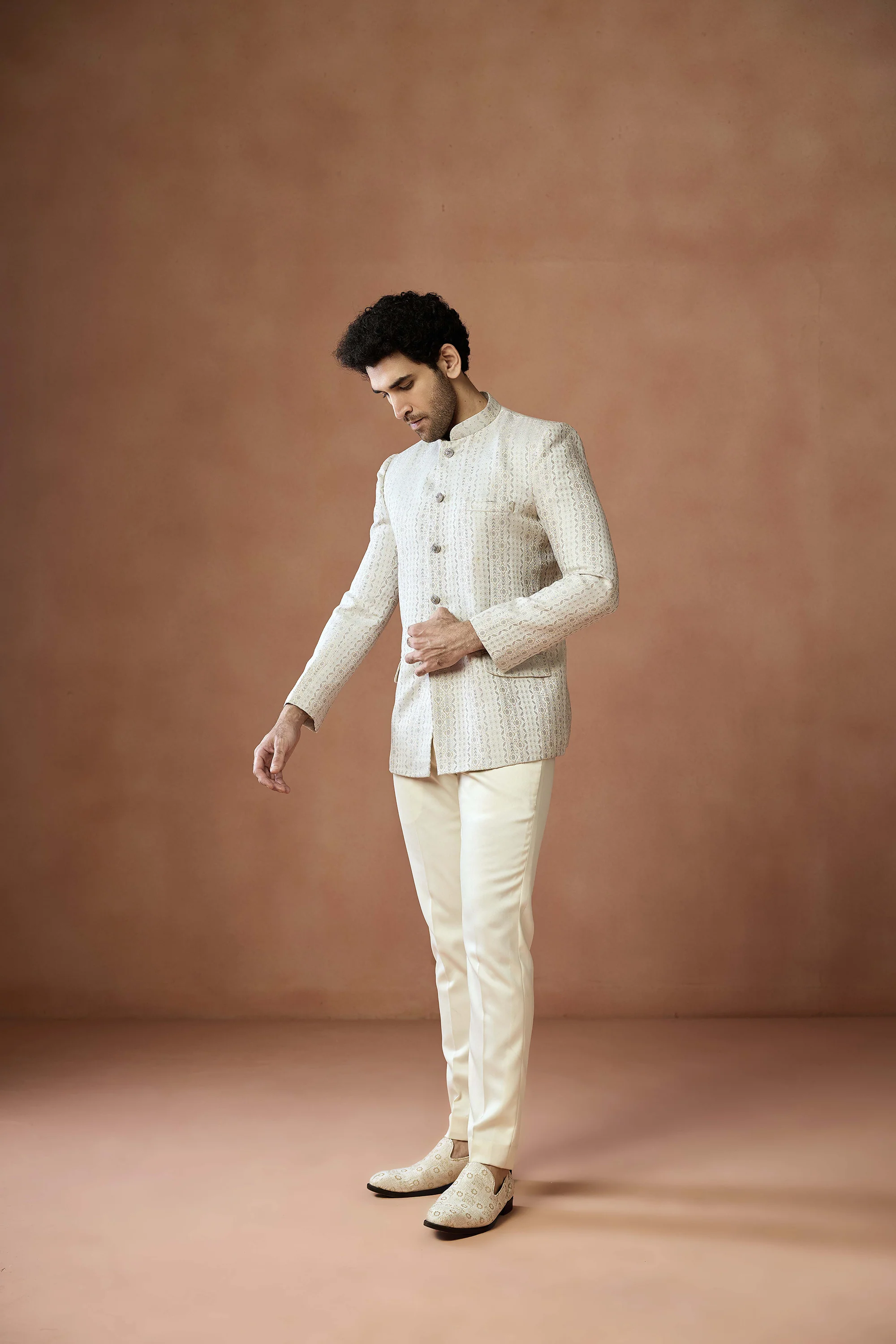 Cream Jacquard Silk Bandhgala Trouser Set - Image 8