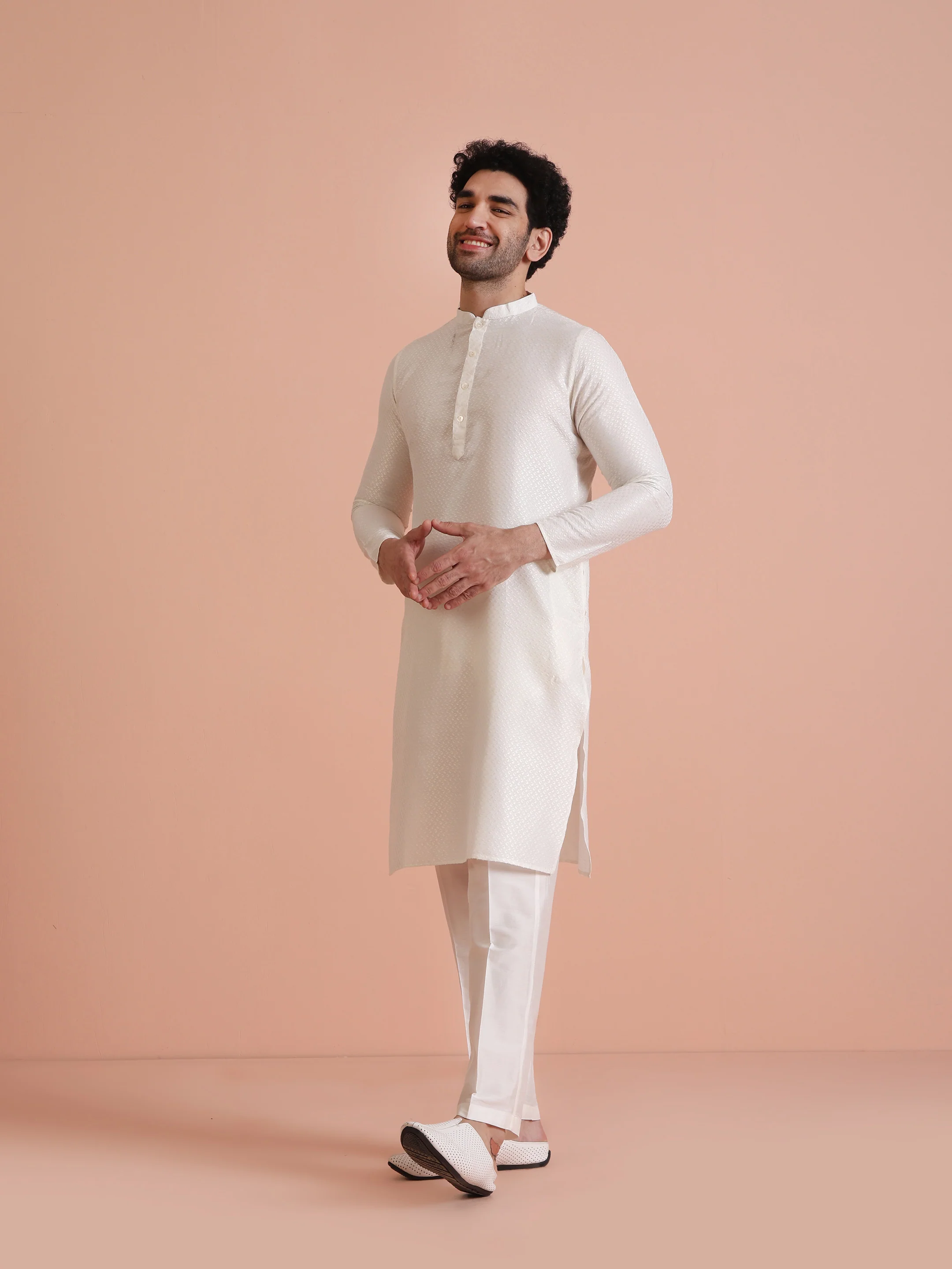 Cream Jacquard Silk Blend Kurta Trouser Set - Image 2