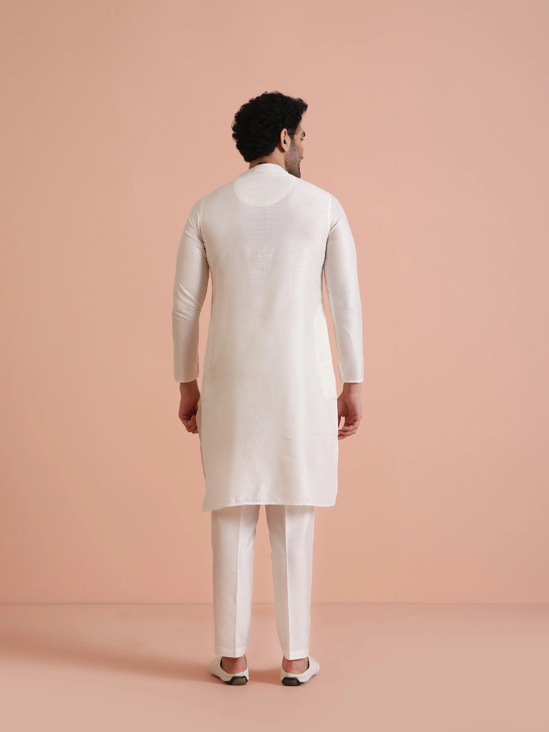 Cream Jacquard Silk Blend Kurta Trouser Set - Image 4