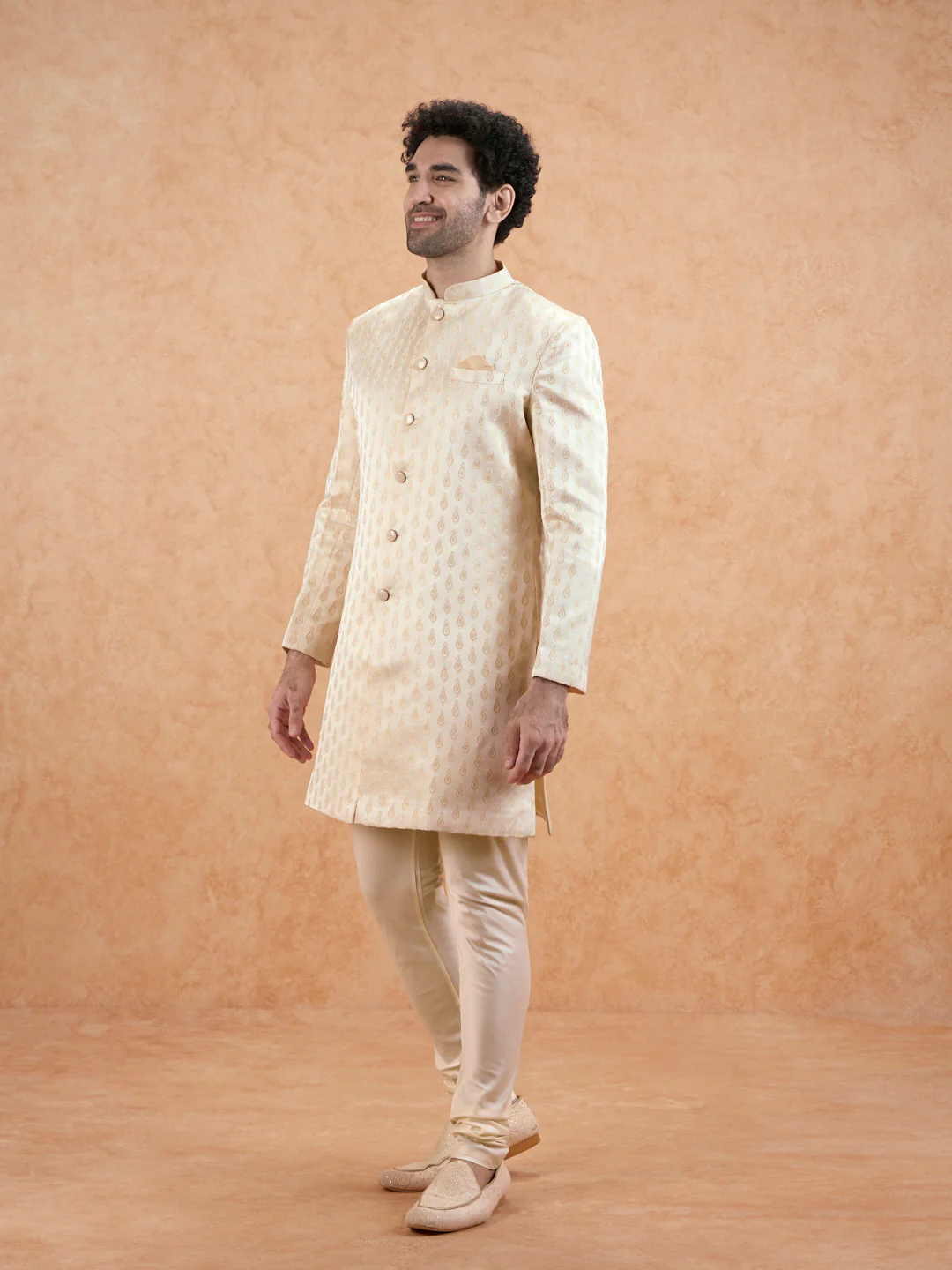 Cream Jacquard Silk Blend Sherwani Churidar Set - Image 2