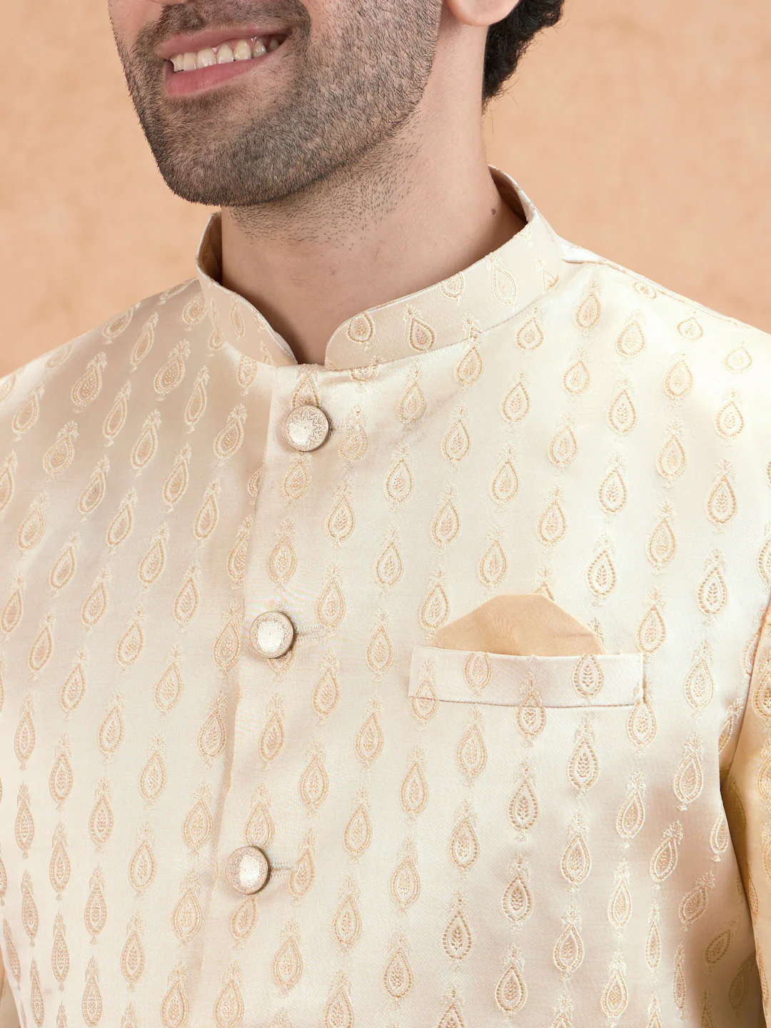 Cream Jacquard Silk Blend Sherwani Churidar Set - Image 5
