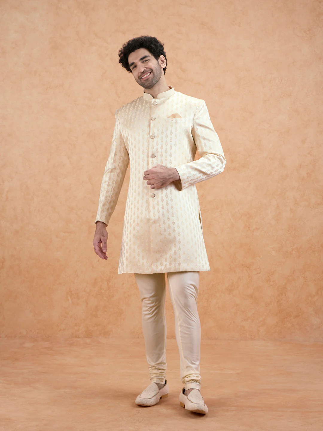 Cream Jacquard Silk Blend Sherwani Churidar Set - Image 7