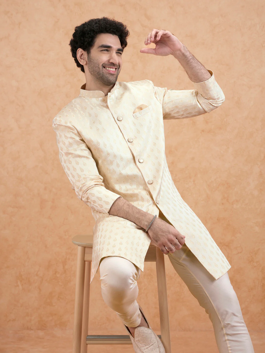 Cream Jacquard Silk Blend Sherwani Churidar Set - Image 8