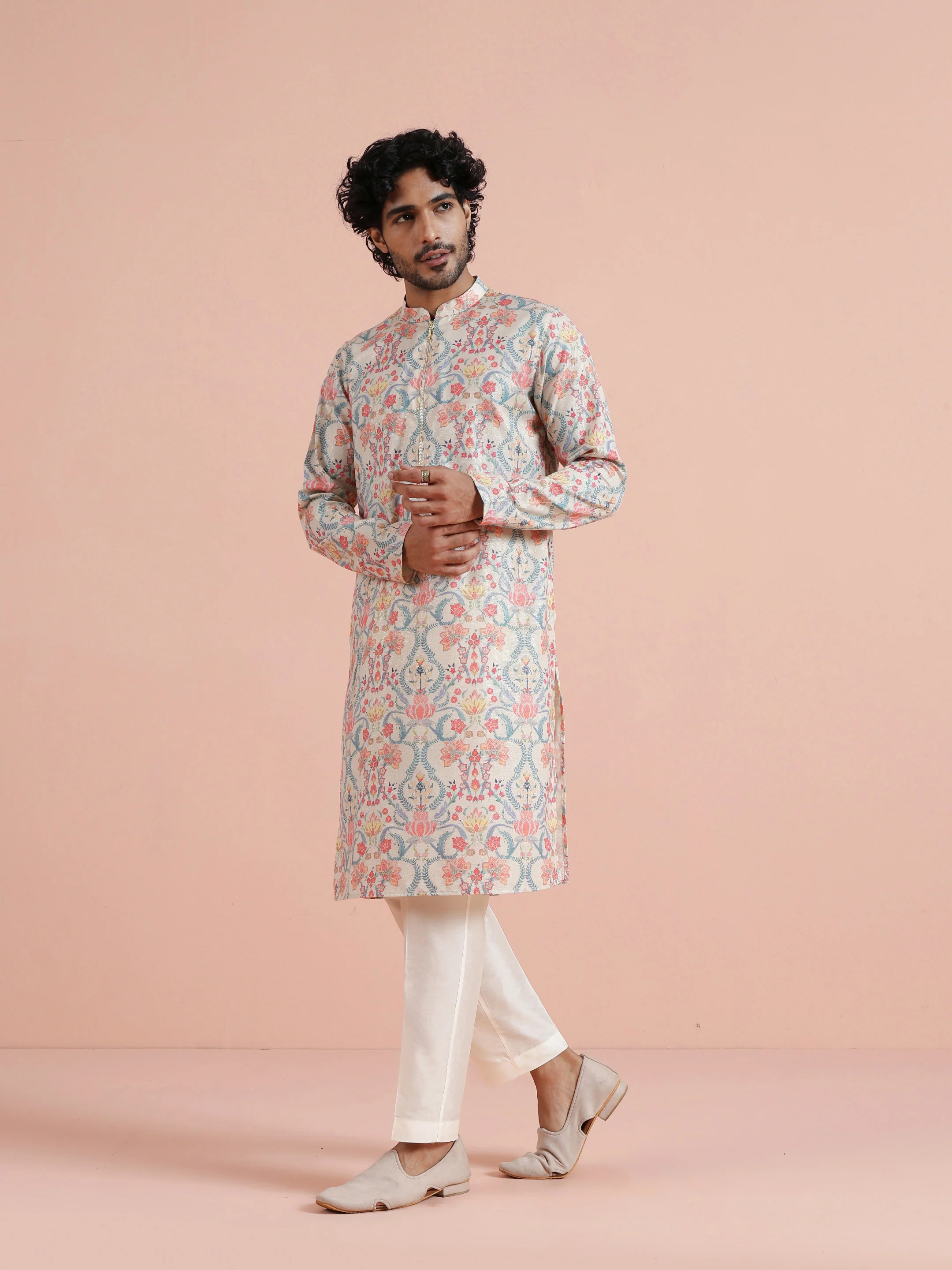 Cream Multicolor Printed Kurta Trouser Set - Image 3