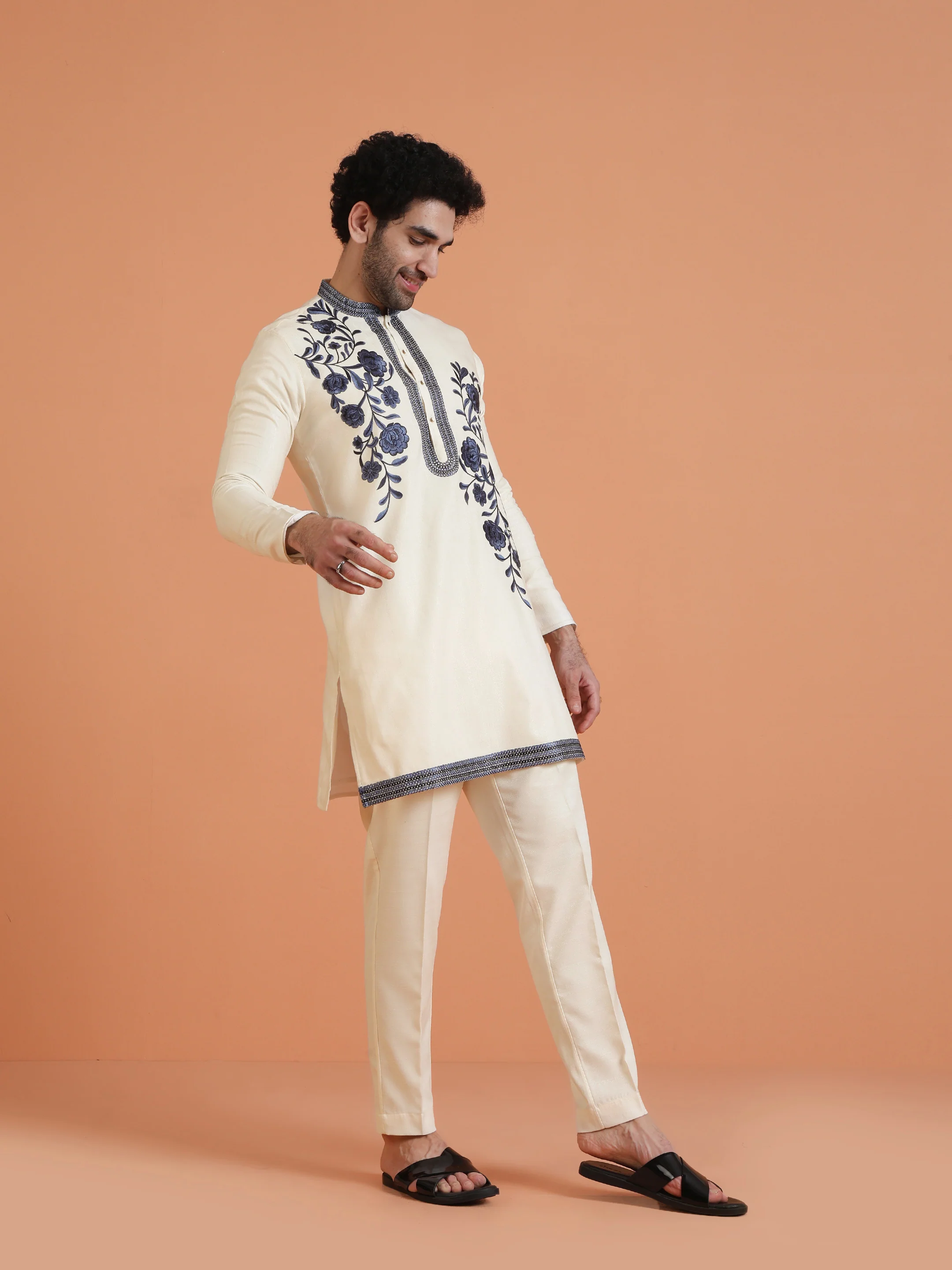 Cream & Navy Embroidered Kurta with Cream Trouser Set-Fusion Wear - Image 2