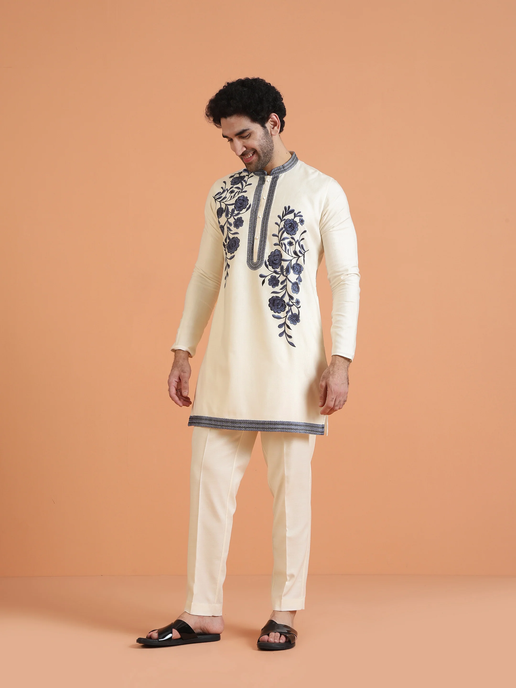 Cream & Navy Embroidered Kurta with Cream Trouser Set-Fusion Wear - Image 3
