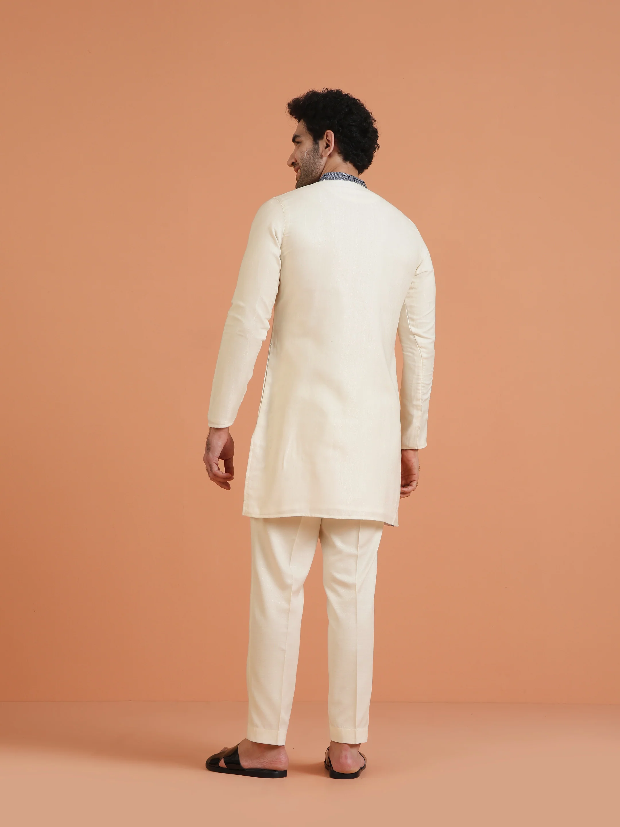 Cream & Navy Embroidered Kurta with Cream Trouser Set-Fusion Wear - Image 4