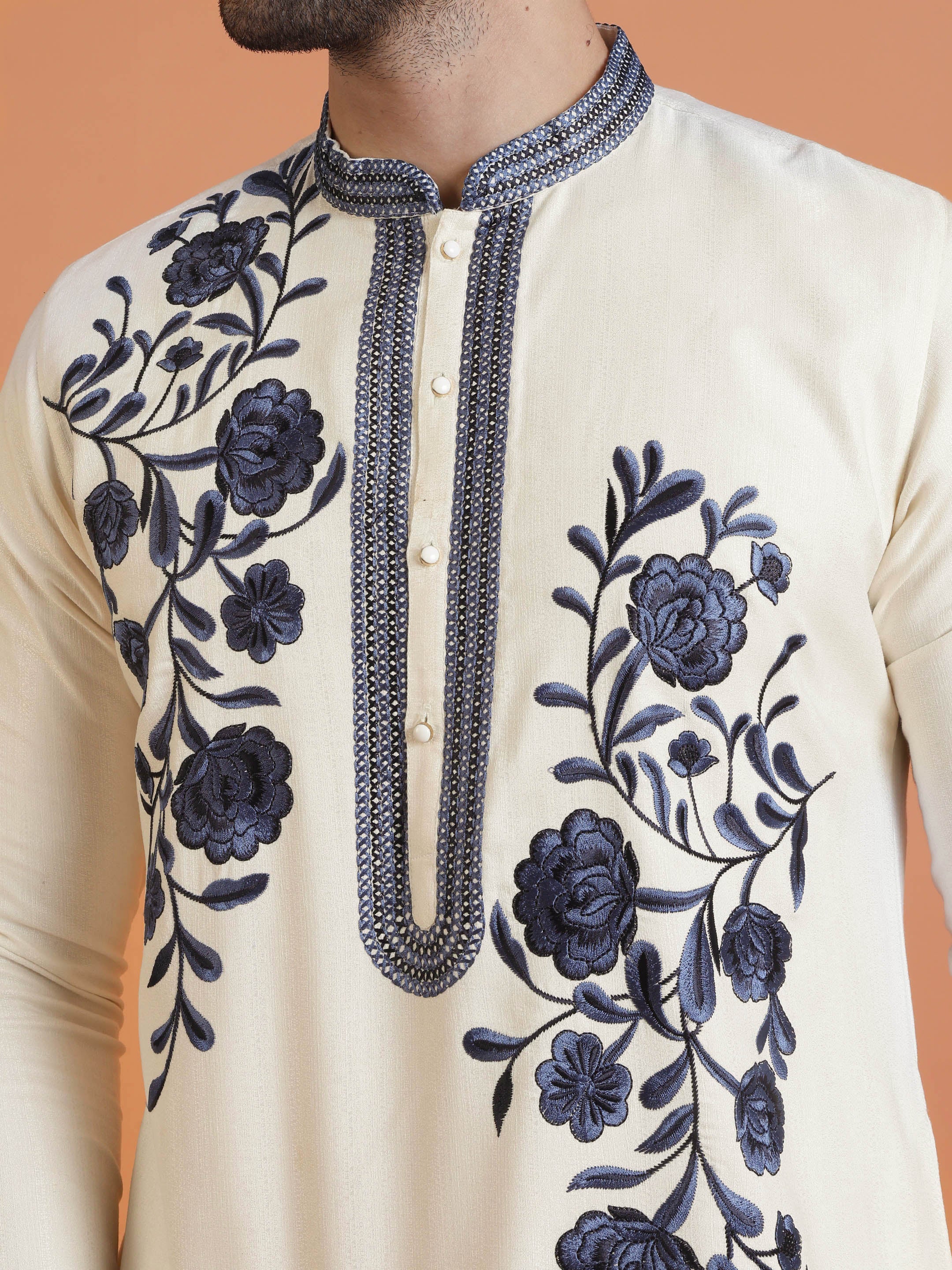 Cream & Navy Embroidered Kurta with Cream Trouser Set-Fusion Wear - Image 5