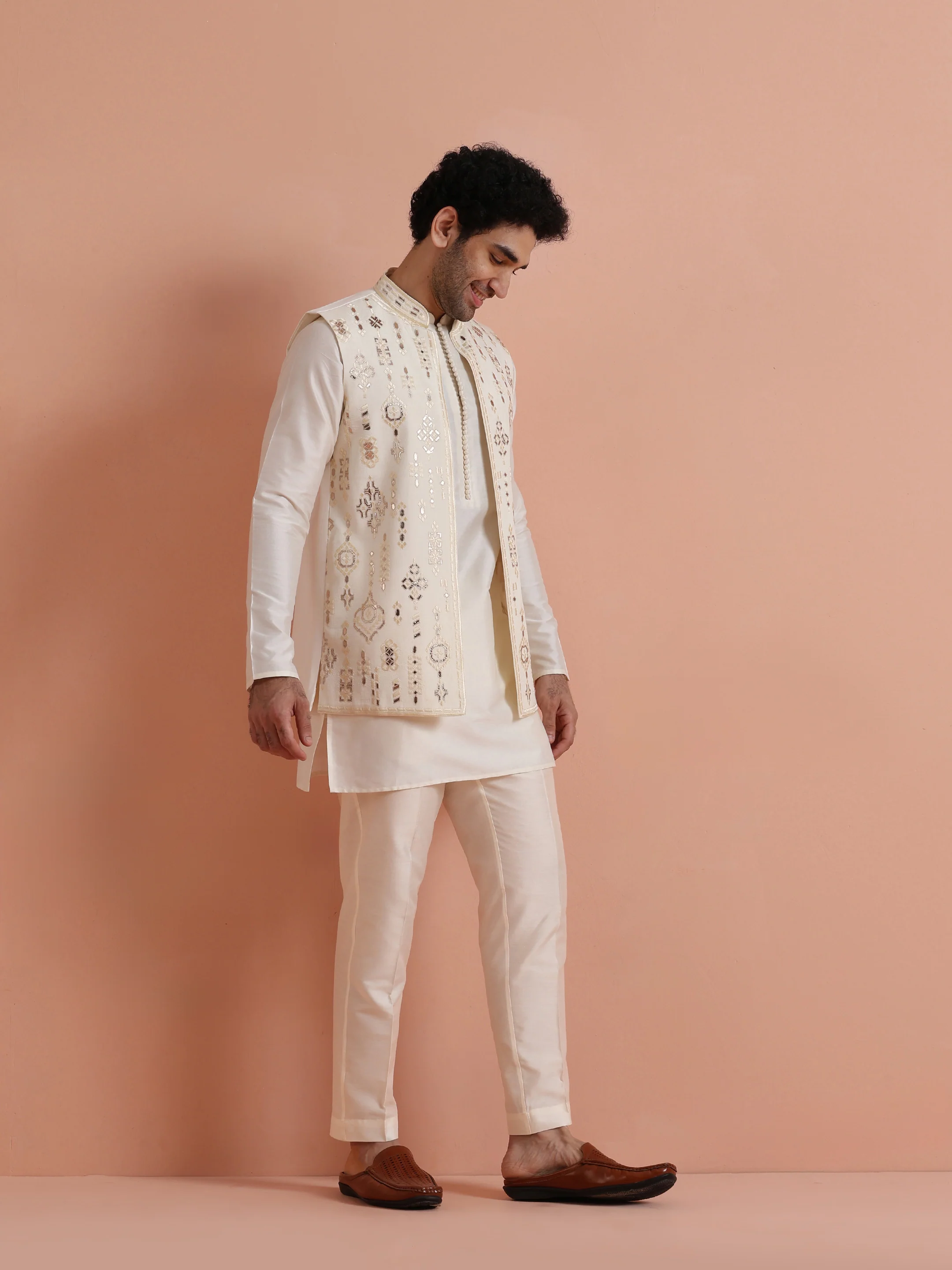 Cream Poly Silk Embroidered Mid Kurta Front Open Long Jacket Trouser Set - Image 2