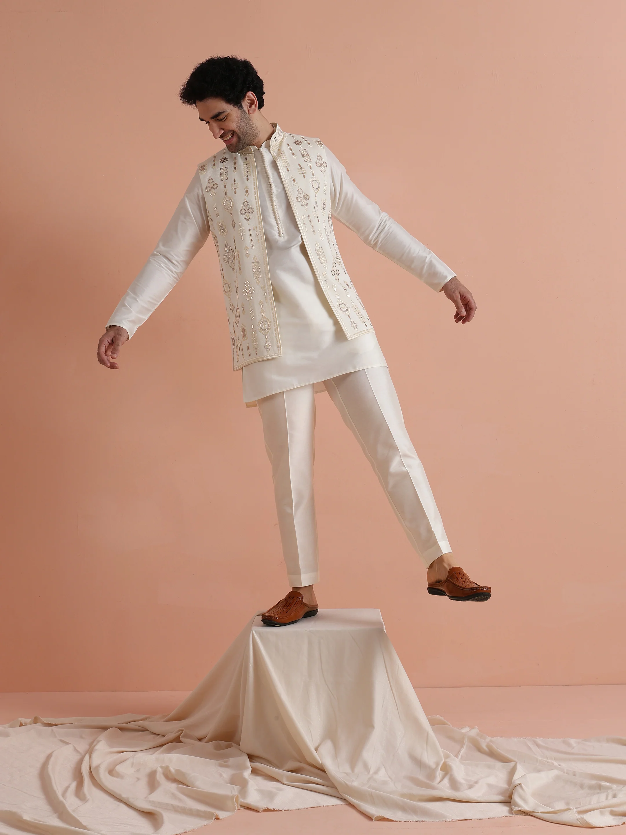 Cream Poly Silk Embroidered Mid Kurta Front Open Long Jacket Trouser Set - Image 8