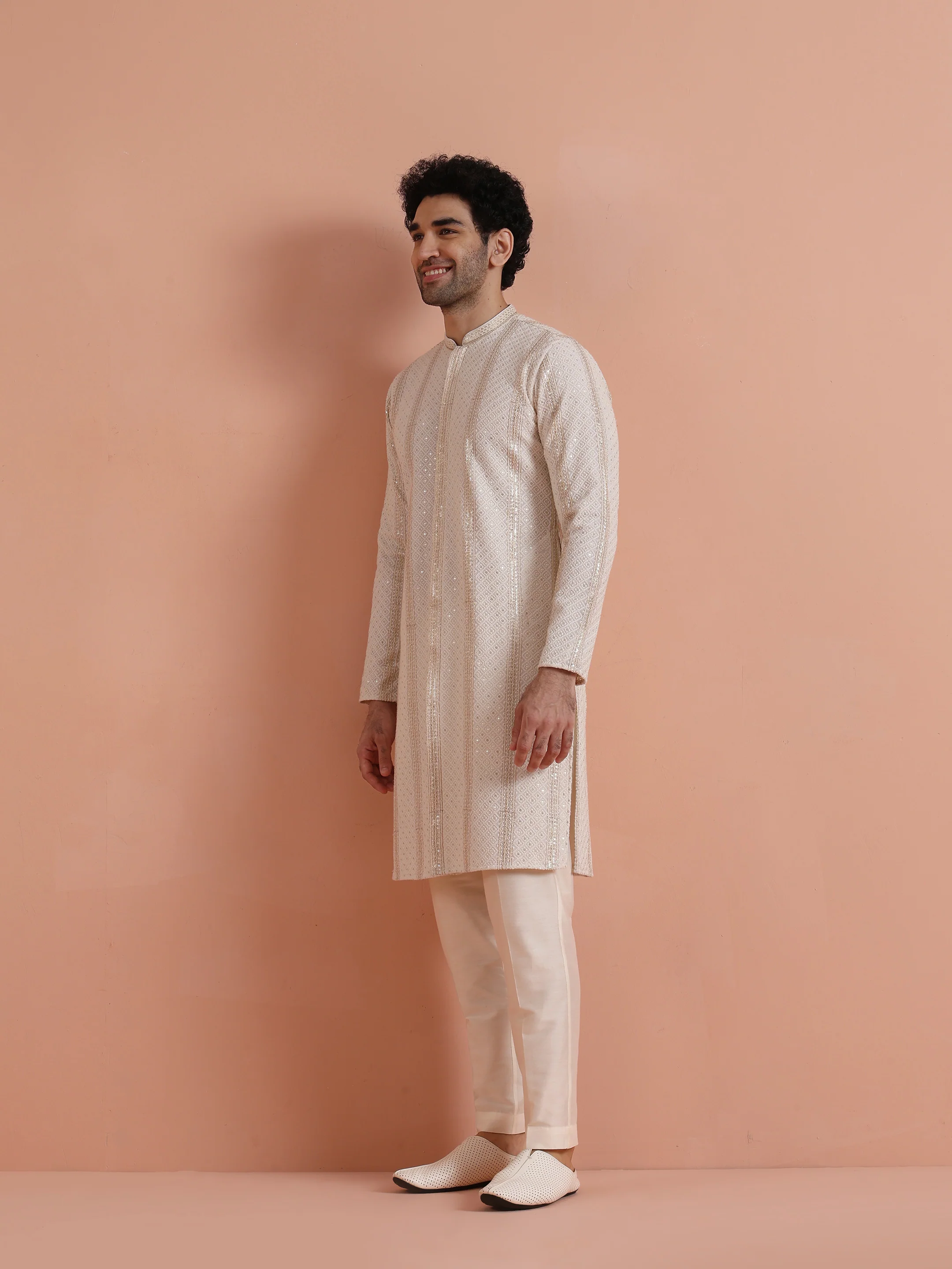 Cream Sequin Embroidered Kurta Set - Image 3