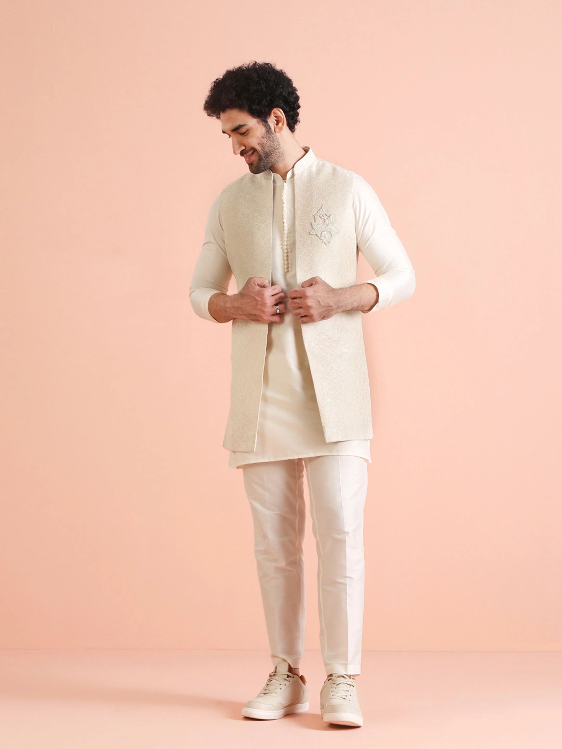 Cream Silk Blend Embroidered Jacket Set with Kurta & Churidar