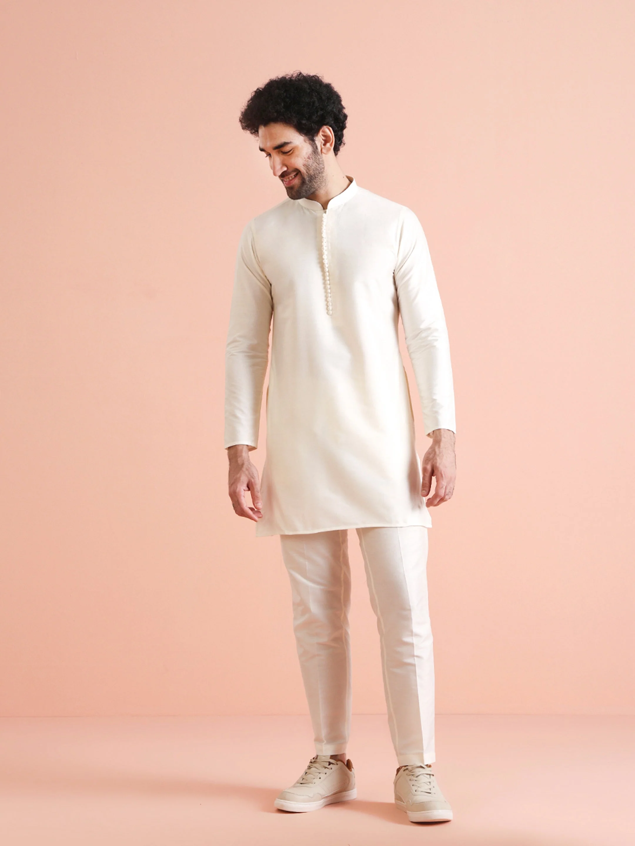 Cream Silk Blend Embroidered Jacket Set with Kurta & Churidar - Image 7