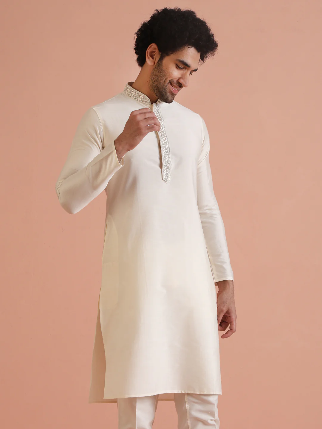 Cream Silk Blend Embroidered Long Kurta - Image 7