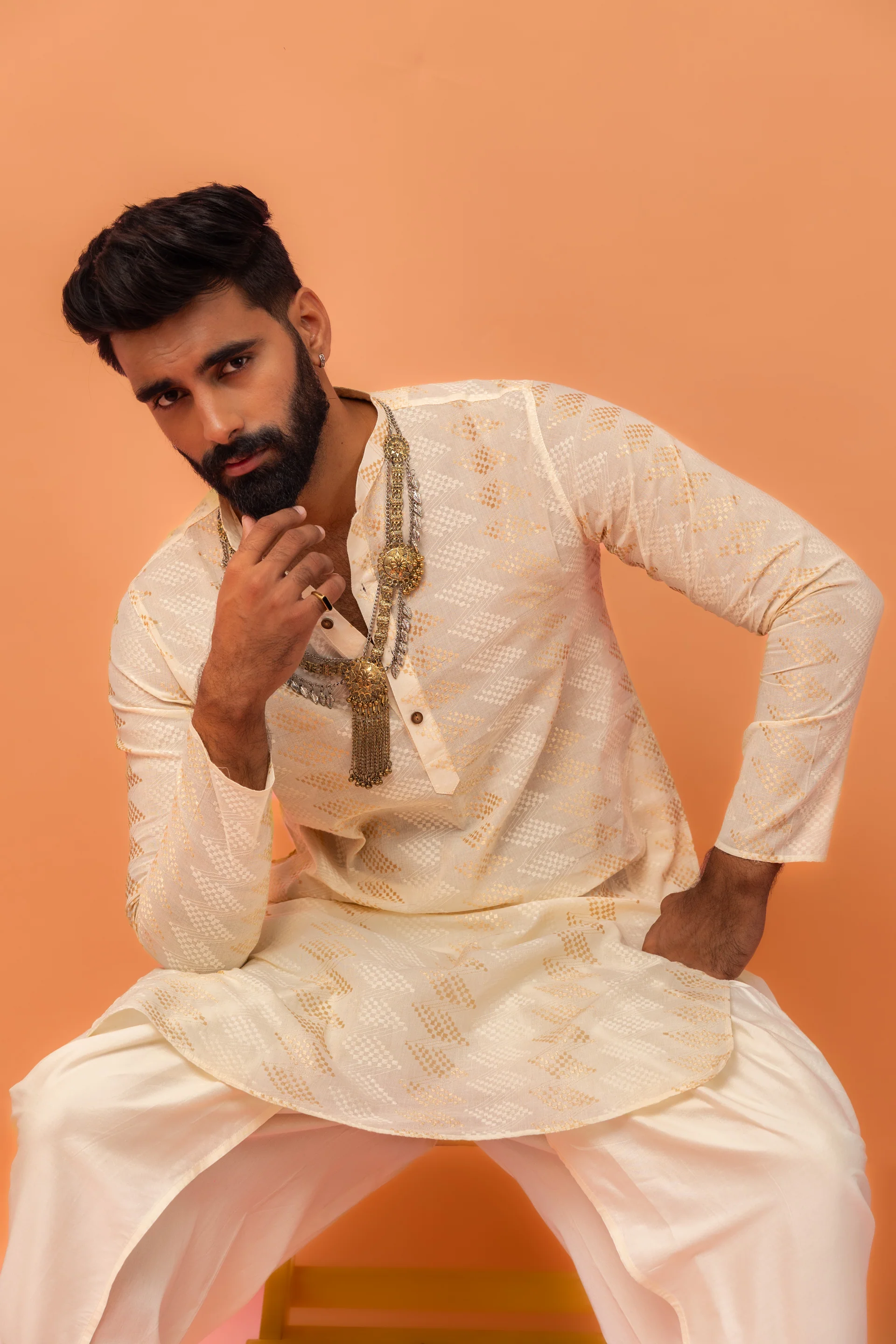 Cream Silk Blend Geometric Kurta Dhoti Set - Image 7