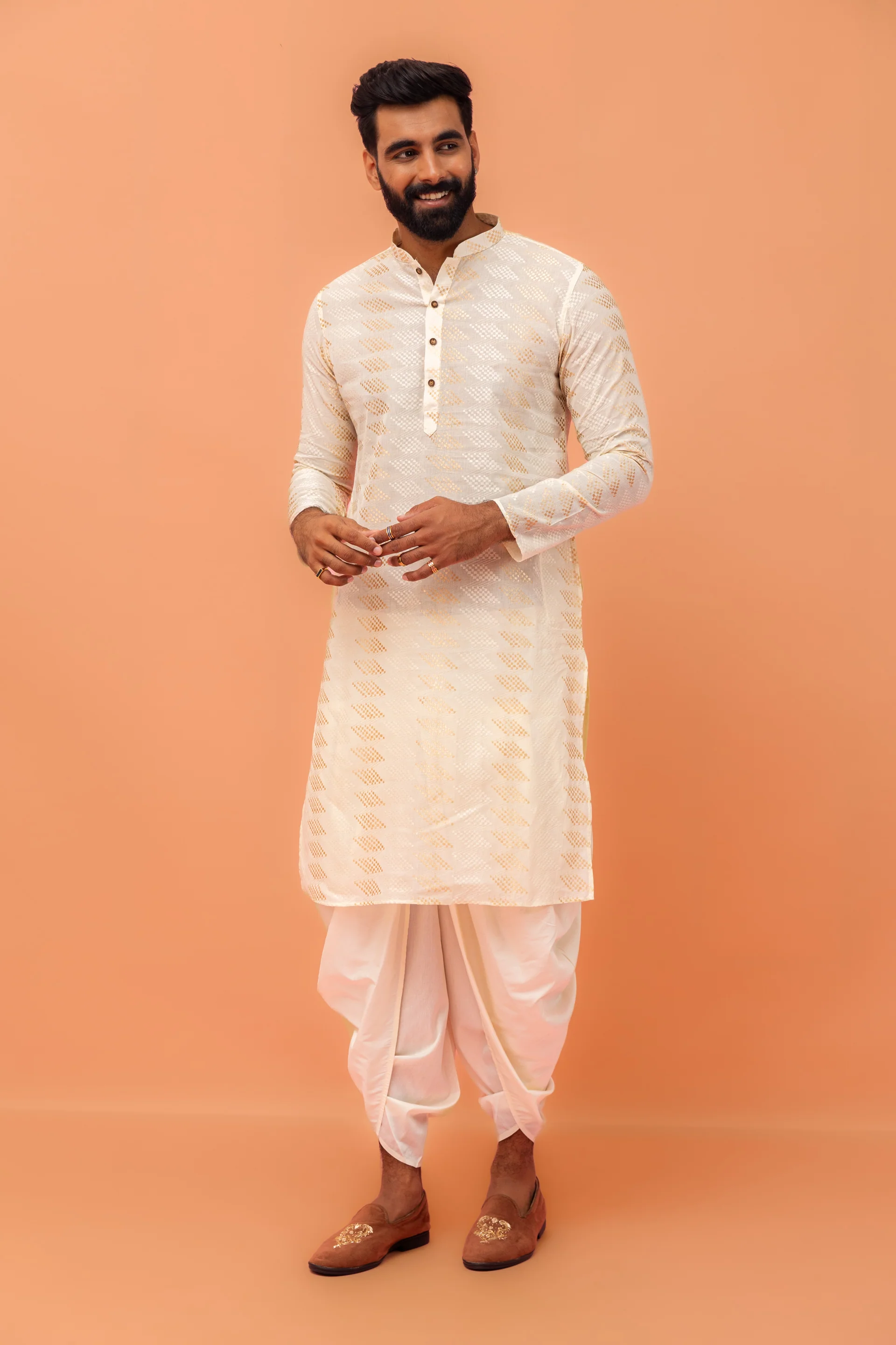 Cream Silk Blend Geometric Kurta Dhoti Set - Image 8