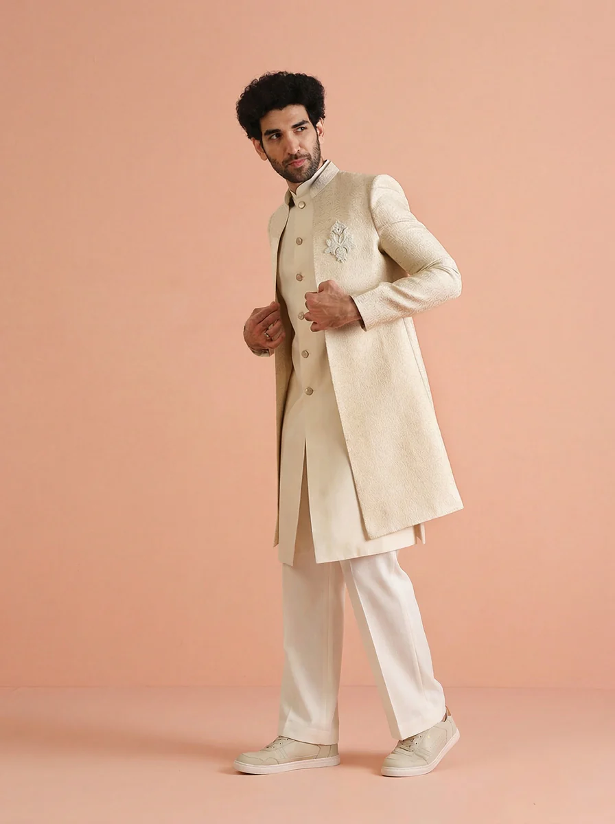 Cream Silk Blend Jacquard Inner Jacket Front Open Sherwani Wide Leg Trouser Set - Image 2