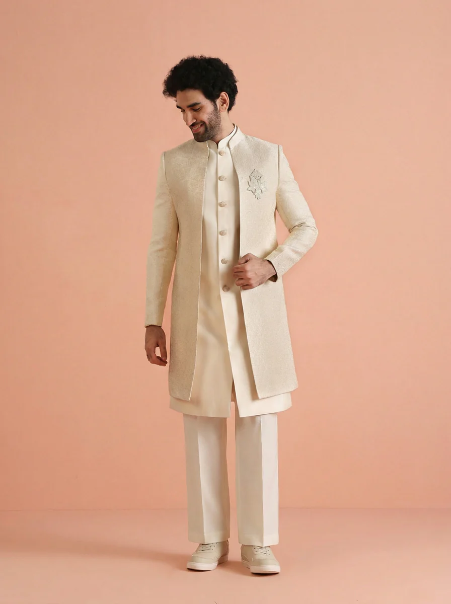 Cream Silk Blend Jacquard Inner Jacket Front Open Sherwani Wide Leg Trouser Set - Image 7
