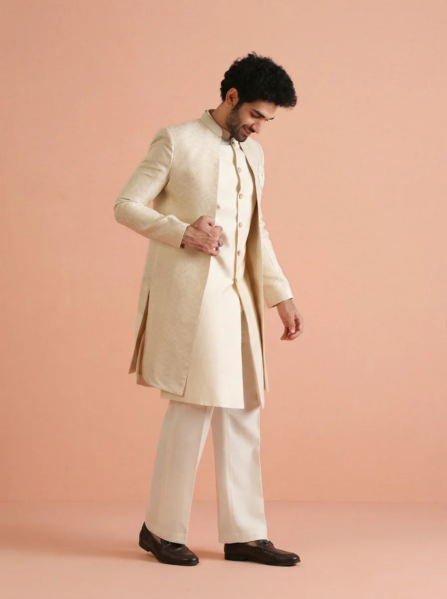 Cream Silk Blend Jacquard Inner Jacket Front Open Sherwani Wide Leg Trouser Set - Image 8
