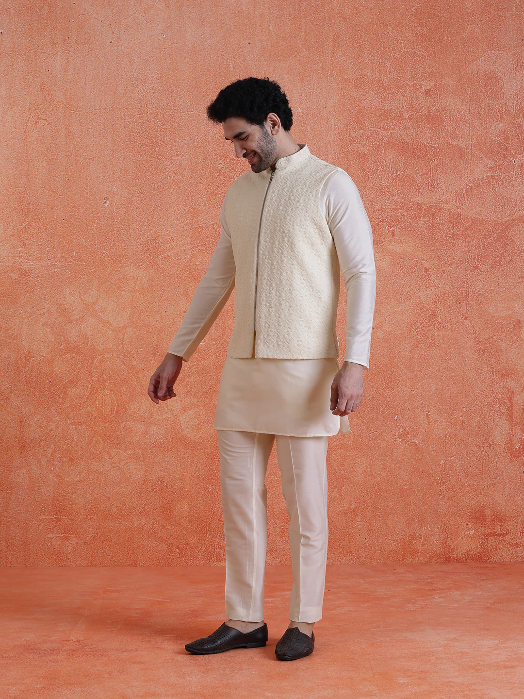 Cream Silk Blend Jacquard Jacket with Zip - Image 2