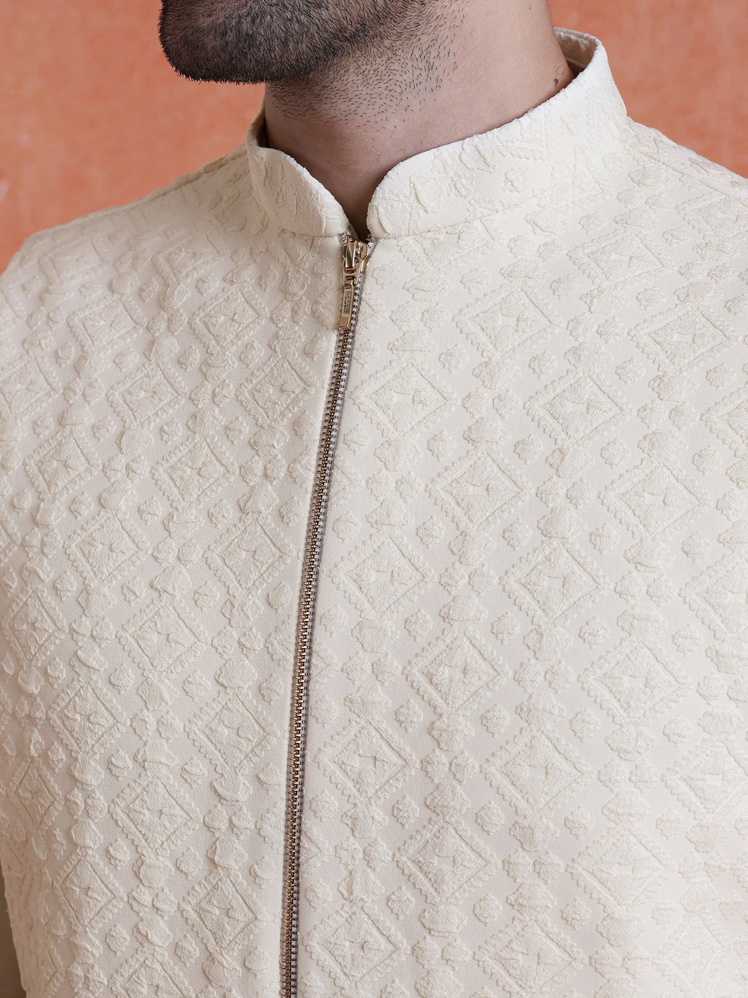 Cream Silk Blend Jacquard Jacket with Zip - Image 5