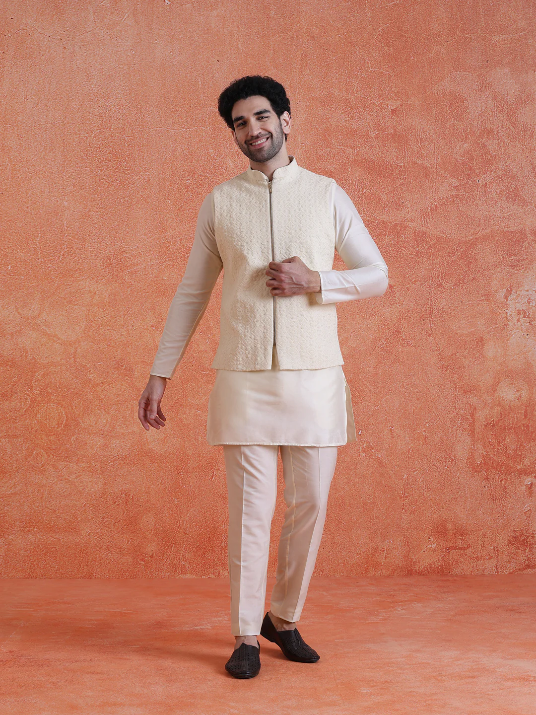 Cream Silk Blend Jacquard Jacket with Zip - Image 7