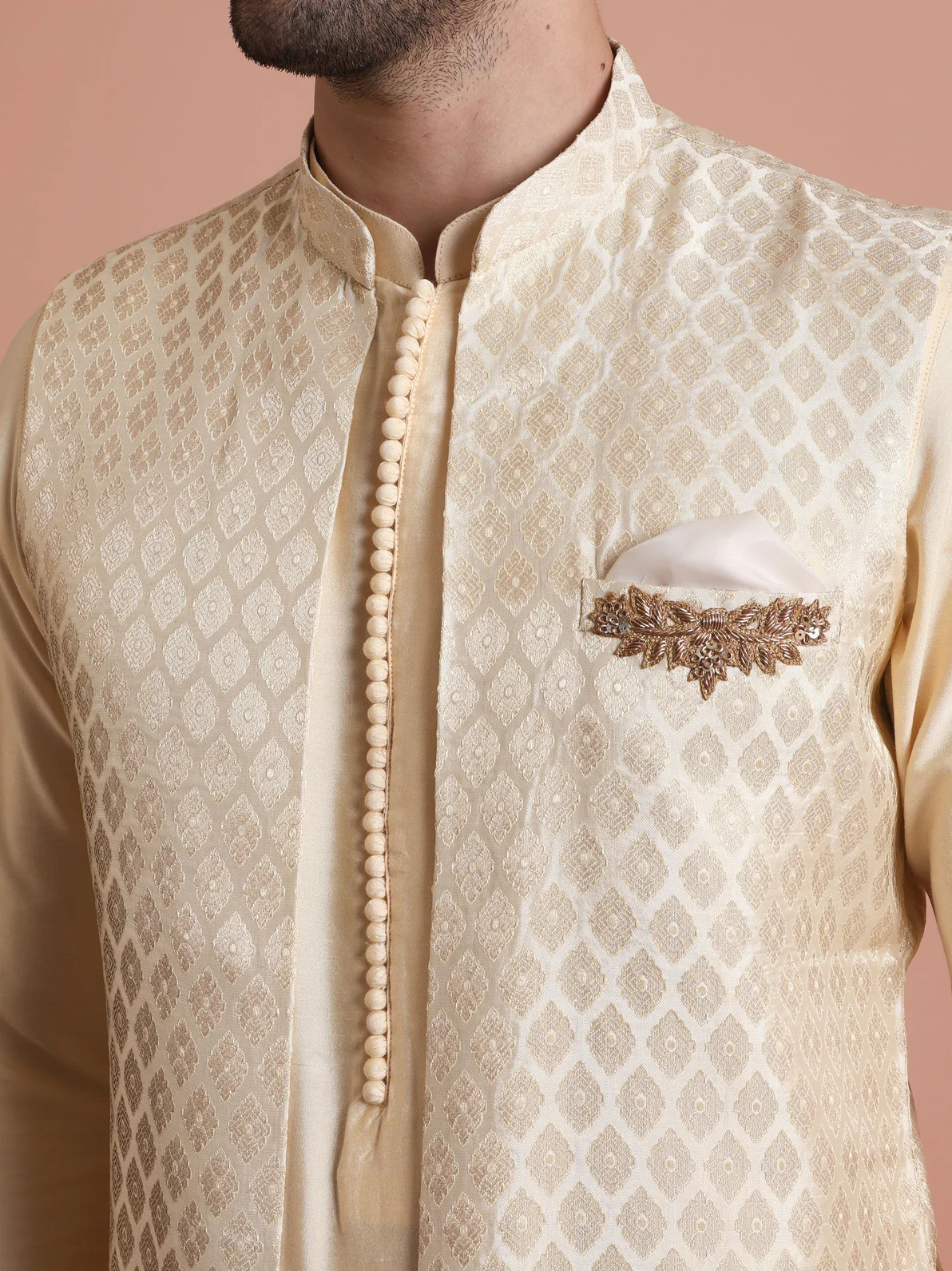Cream Silk Blend Jacquard Mid Kurta Front Open Jacket Wide Leg Trouser Set - Image 4