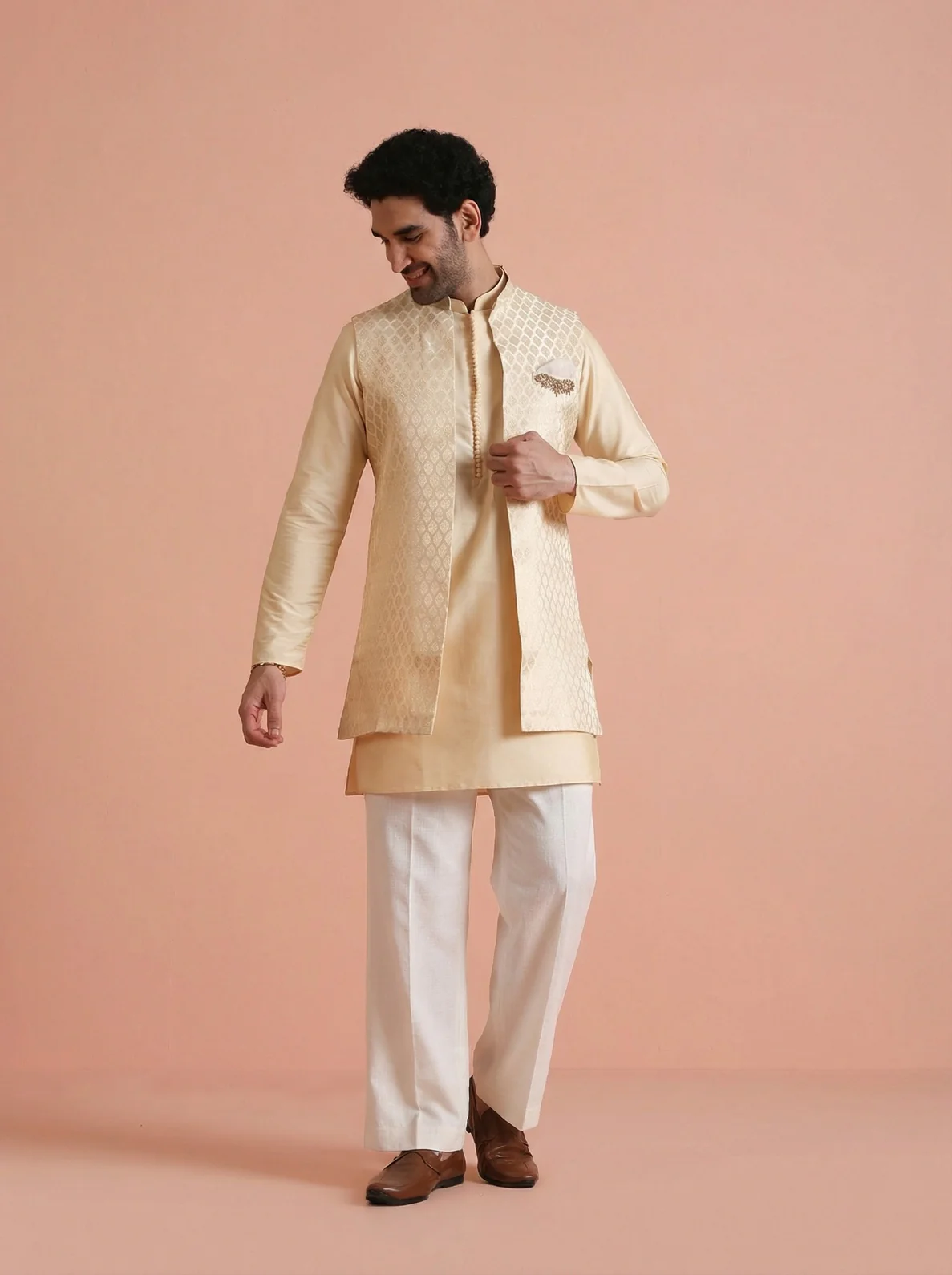 Cream Silk Blend Jacquard Mid Kurta Front Open Jacket Wide Leg Trouser Set - Image 7