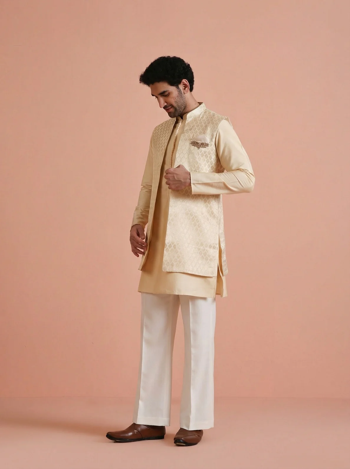 Cream Silk Blend Jacquard Mid Kurta Front Open Jacket Wide Leg Trouser Set - Image 8