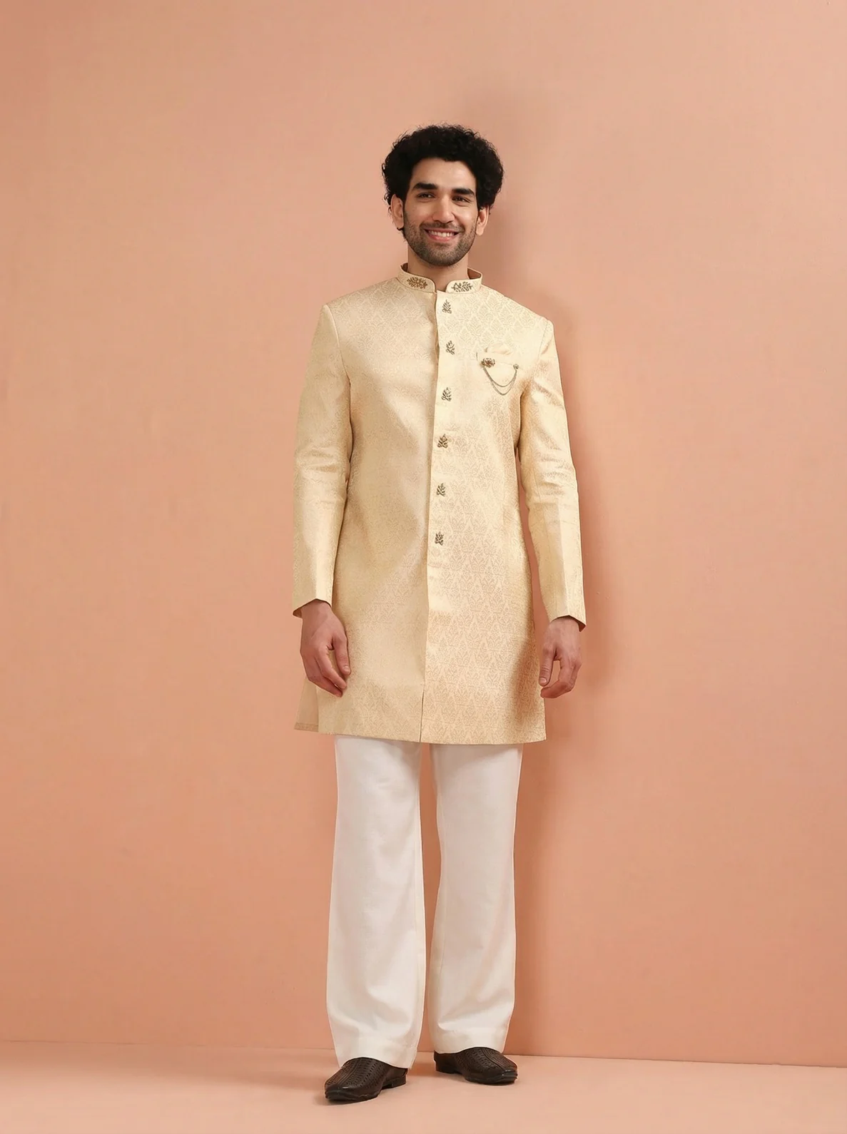 Cream Silk Blend Jacquard Sherwani Wide Leg Trouser Set - Image 2