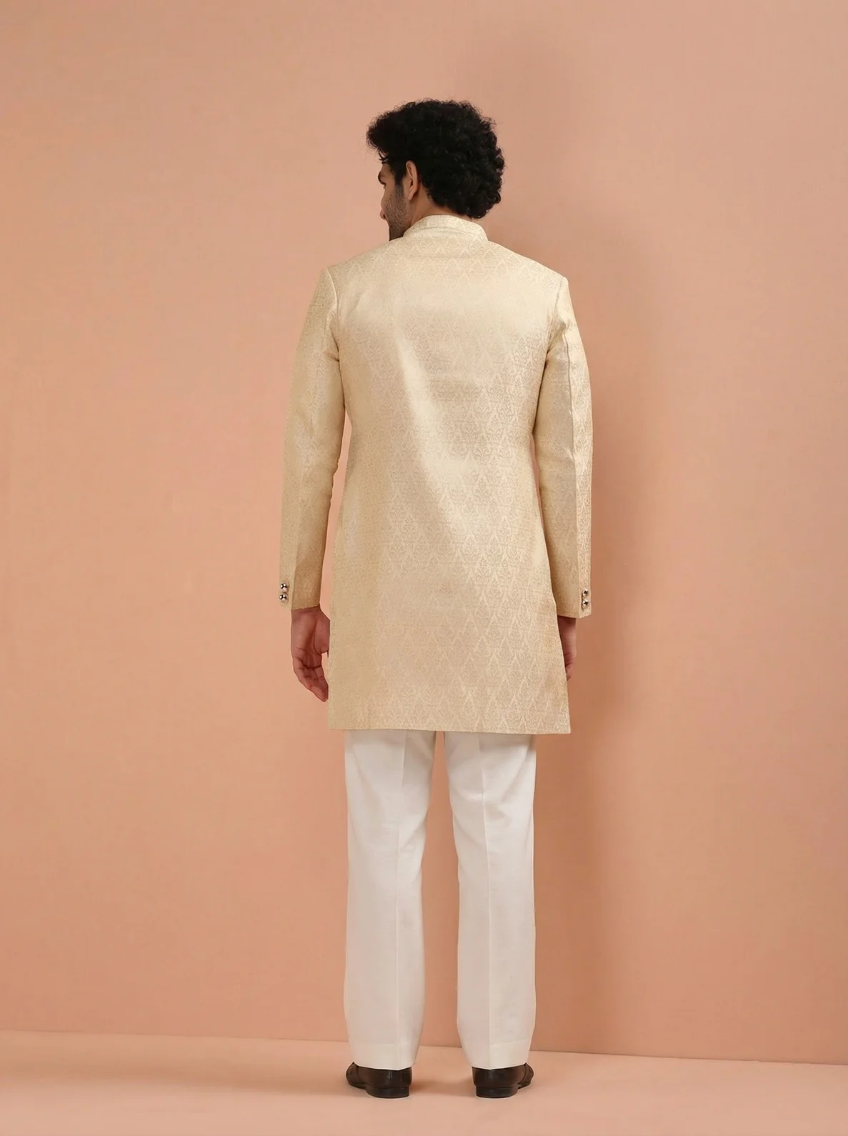 Cream Silk Blend Jacquard Sherwani Wide Leg Trouser Set - Image 3