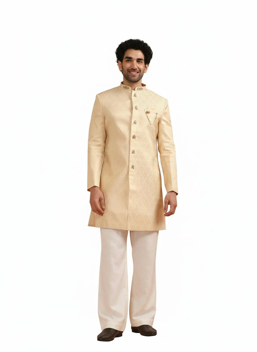 Cream Silk Blend Jacquard Sherwani Wide Leg Trouser Set - Image 7