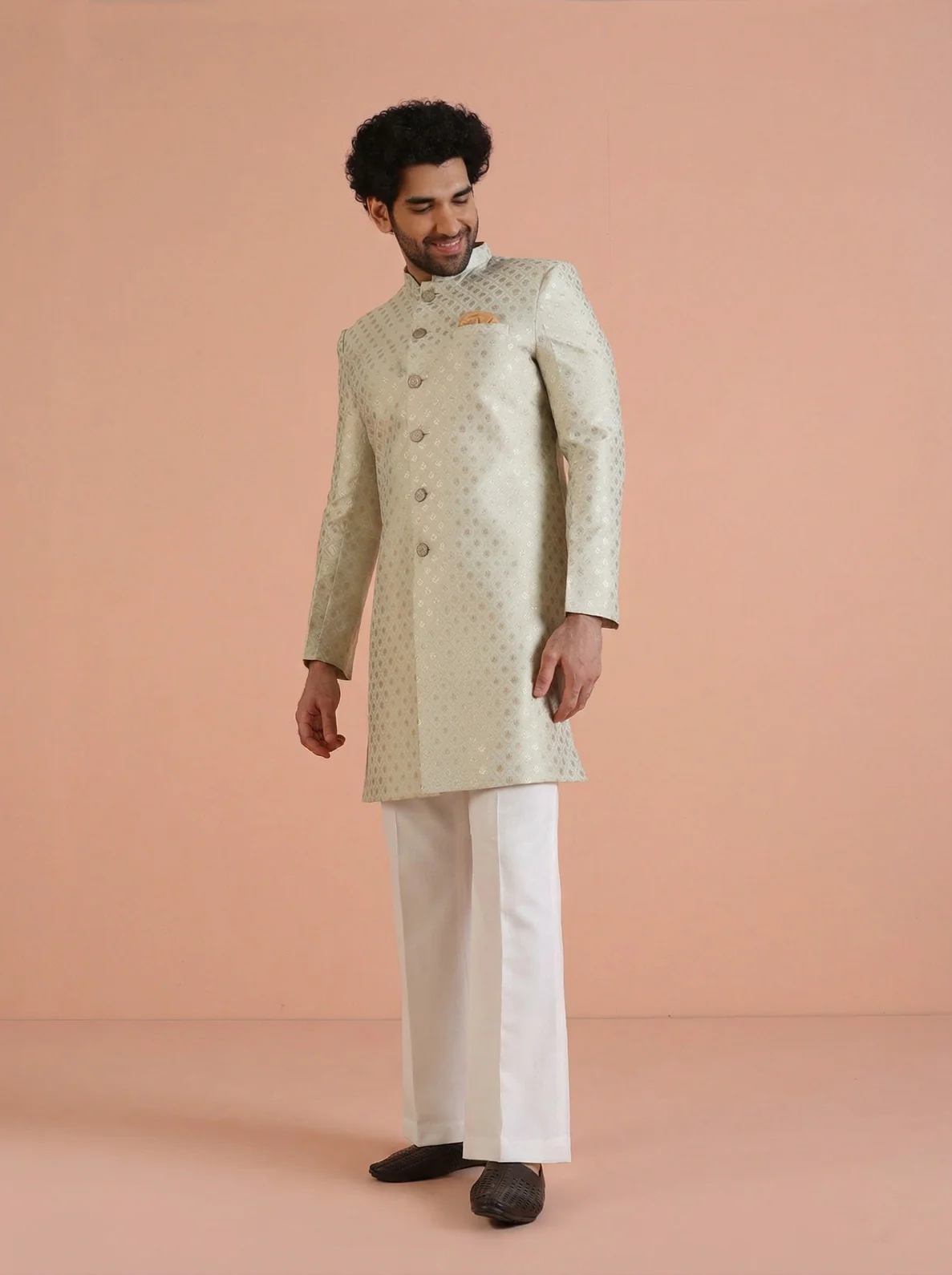 Cream Silk Blend Jacquard Sherwani Wide Leg Trouser Set - Image 2