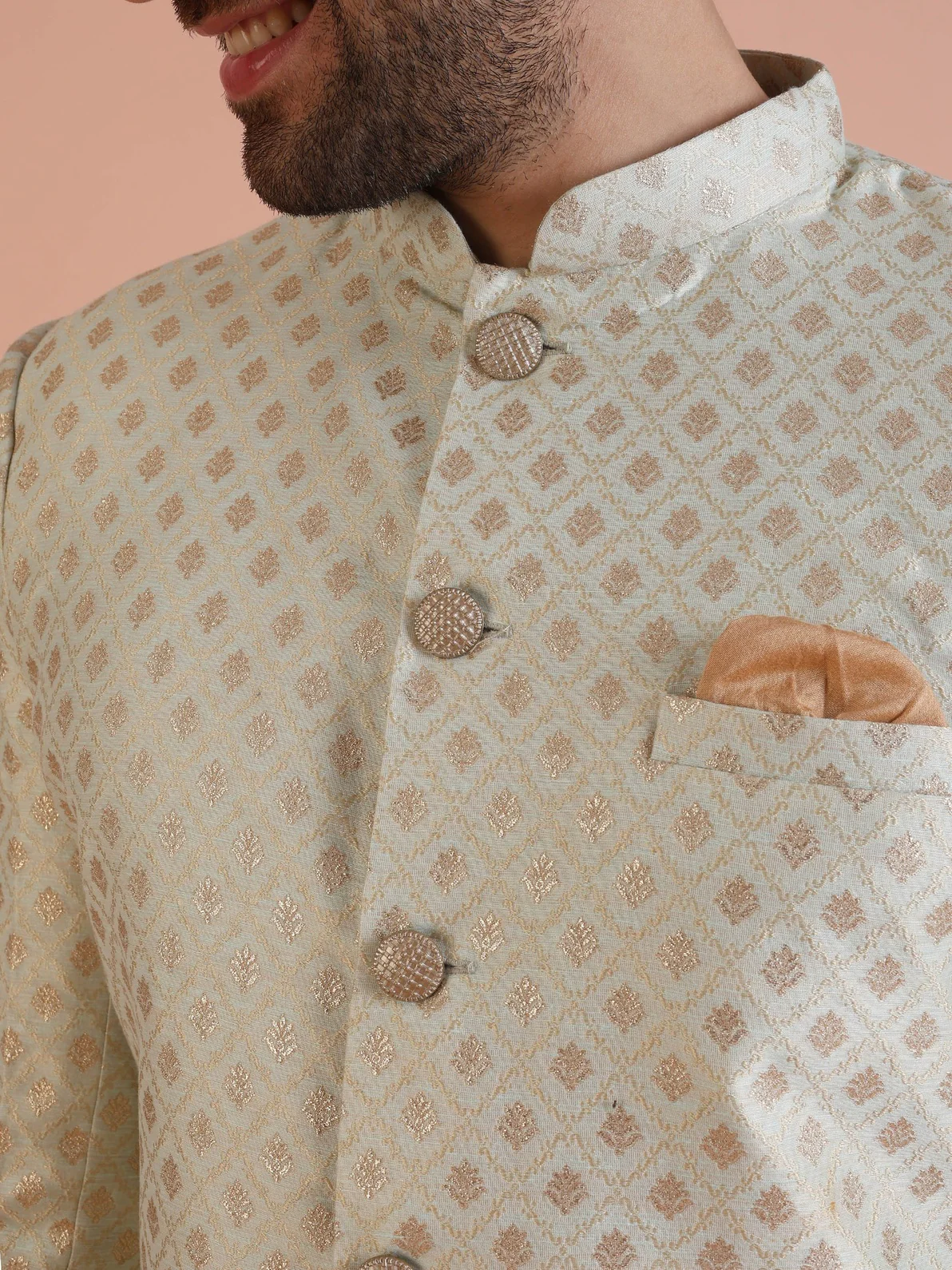 Cream Silk Blend Jacquard Sherwani Wide Leg Trouser Set - Image 4